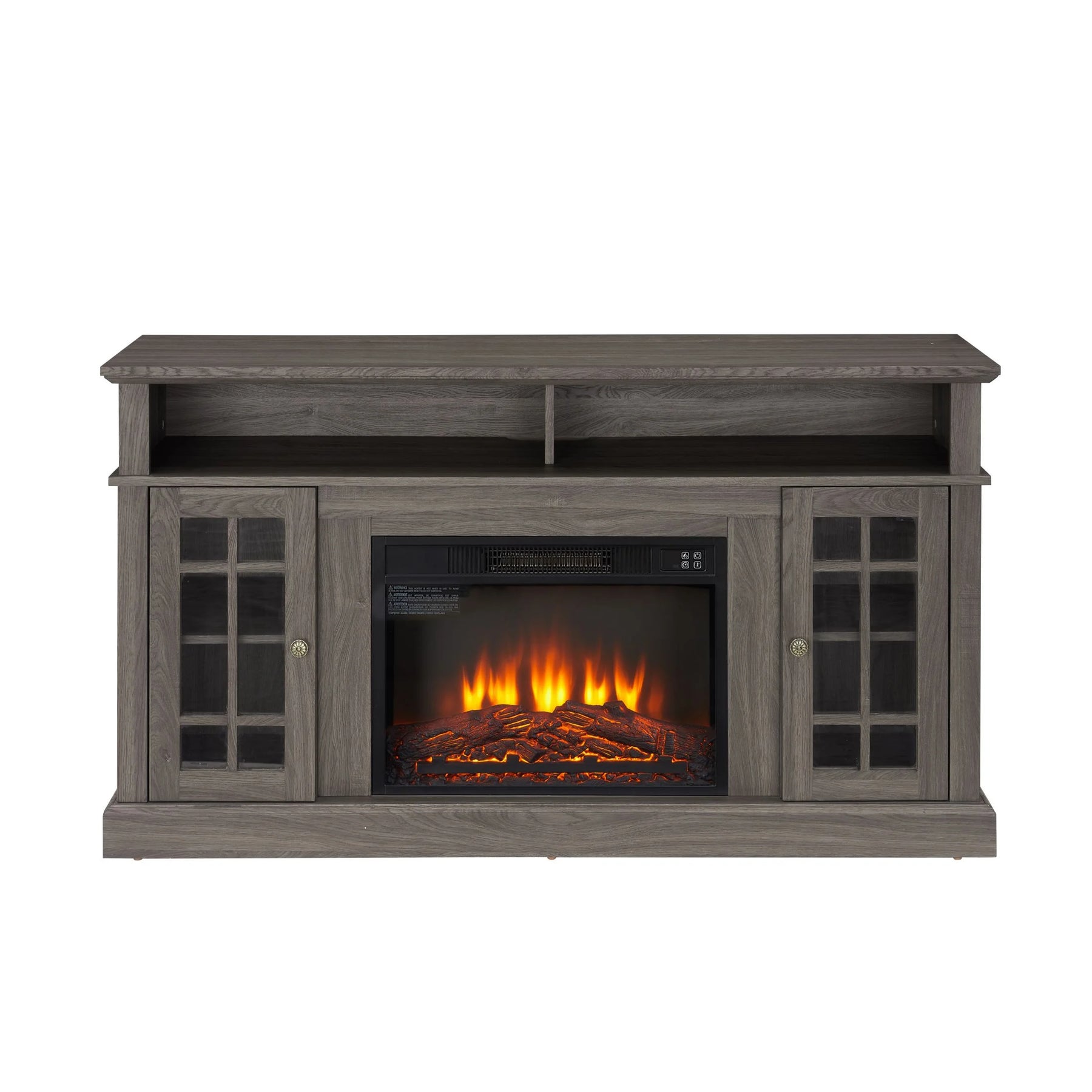 Sesslife Electric Fireplace TV Stand with Remote Control for 65 in TV, Farmhouse TV Console Table with Open Storage Shelves & 2 Cabinets, Wooden Media Entertainment Center for Living Room, Gray