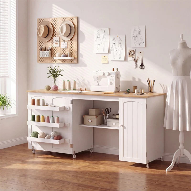 62.5" Folding Sewing Table Rolling Craft Station with Storage Cabinet & Shelves, Foldable Sewing Machine Desk w/ Lockable Wheels for Home