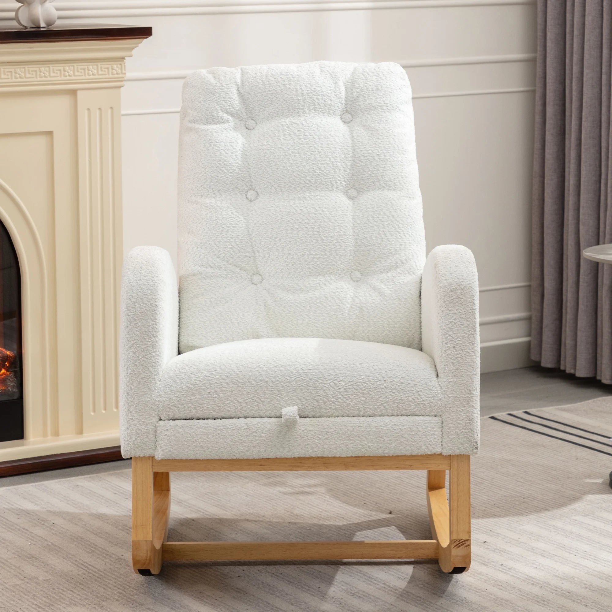 Modern Accent Rocking Chair with Pull - Out Footrest, Nursery Glider Chair with Solid Wood Legs & Side Pocket, Upholstered Lounge Chair with High Backrest, White