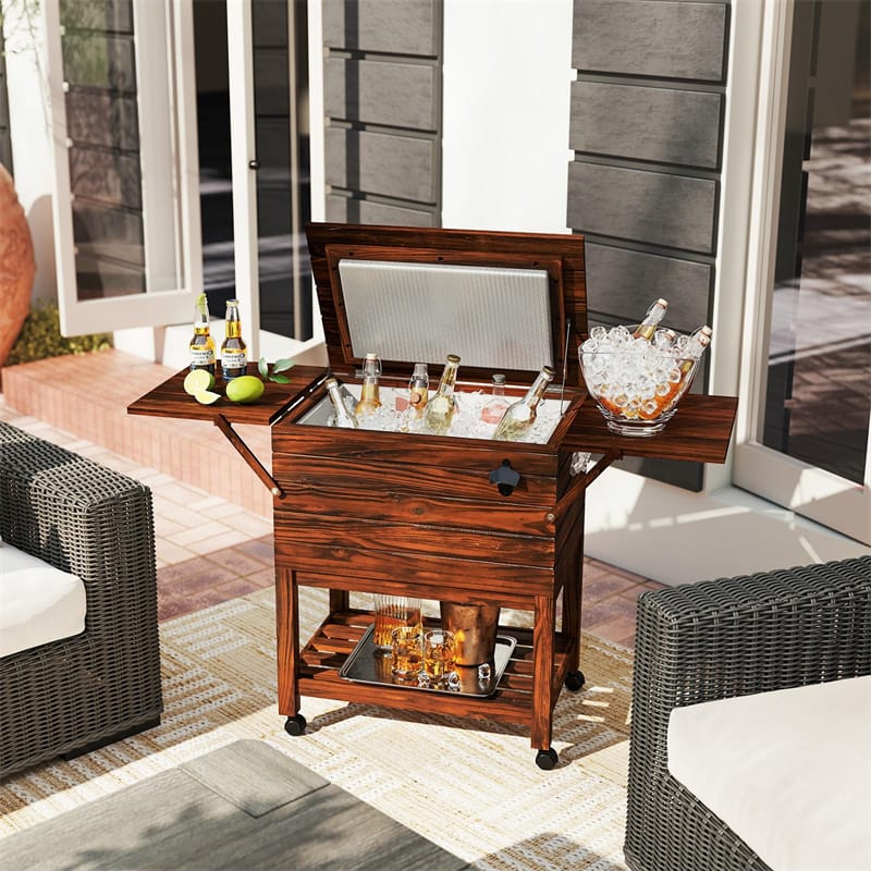 54 Quart Wooden Rolling Cooler Cart, Patio Ice Chest with 2 Drop Leaf Tables, Bottle Opener & Bottom Shelf, Insulated Pine Wood Beverage Bar for Party
