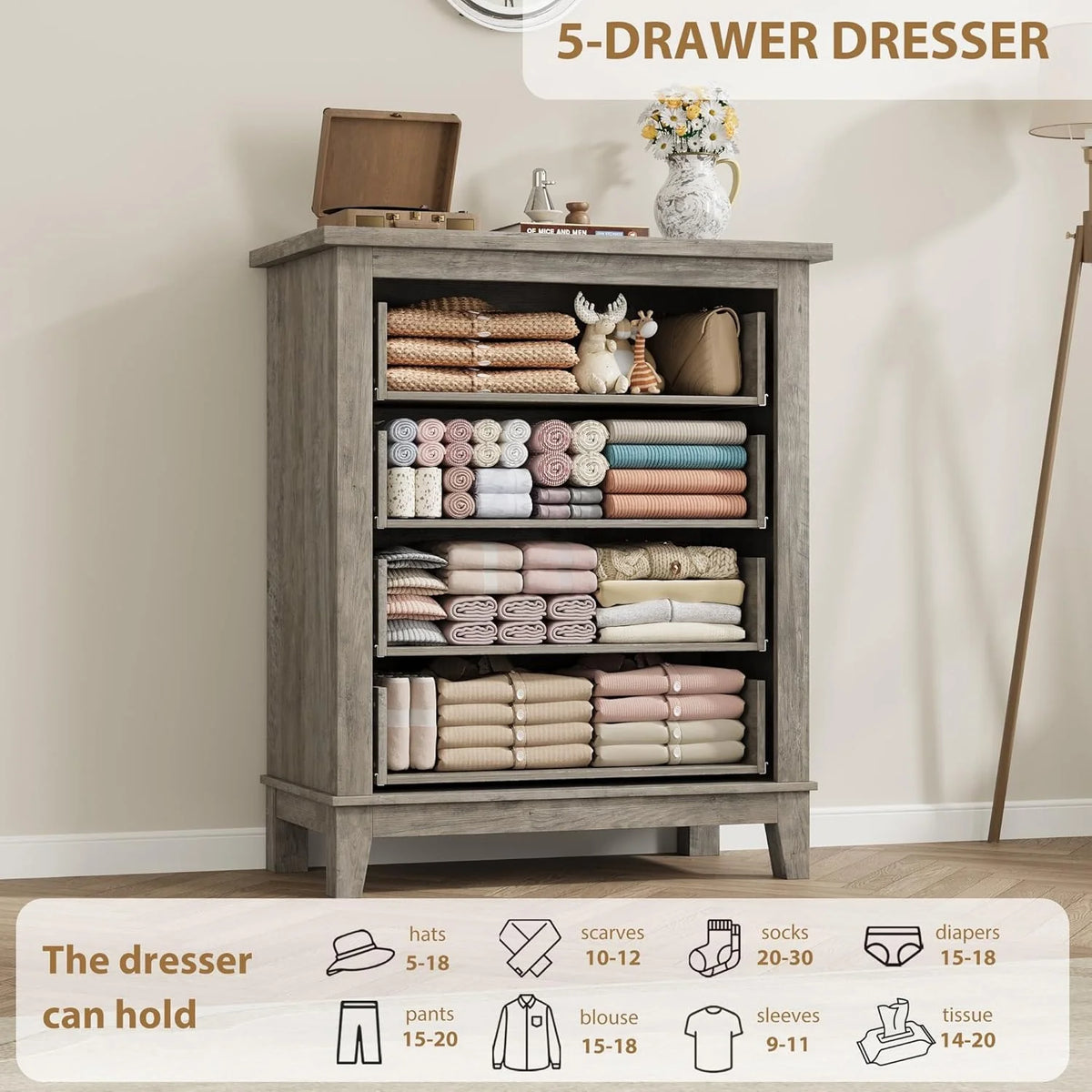 4 Drawer Dresser for Bedroom, 34.8" Tall Bedroom Dresser with Large Drawer& Black Handles, Wooden Storage Organizer Cabinet Chest of Drawer for Living Room, Hallway