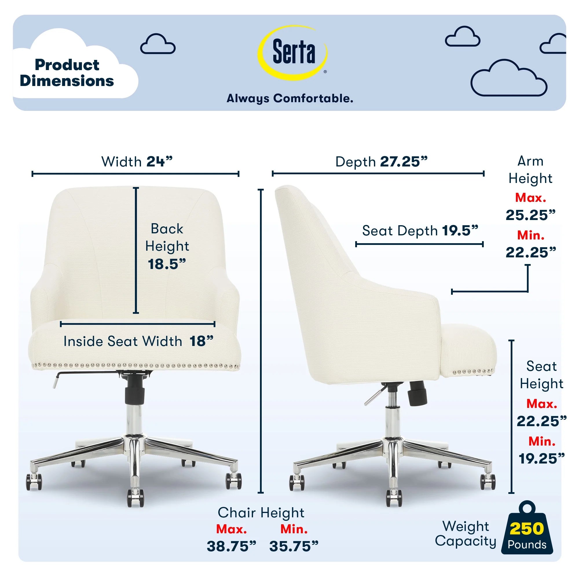 Serta Leighton Home Office Desk Chair Chrome Nailheads Twill Fabric Lilac Purple