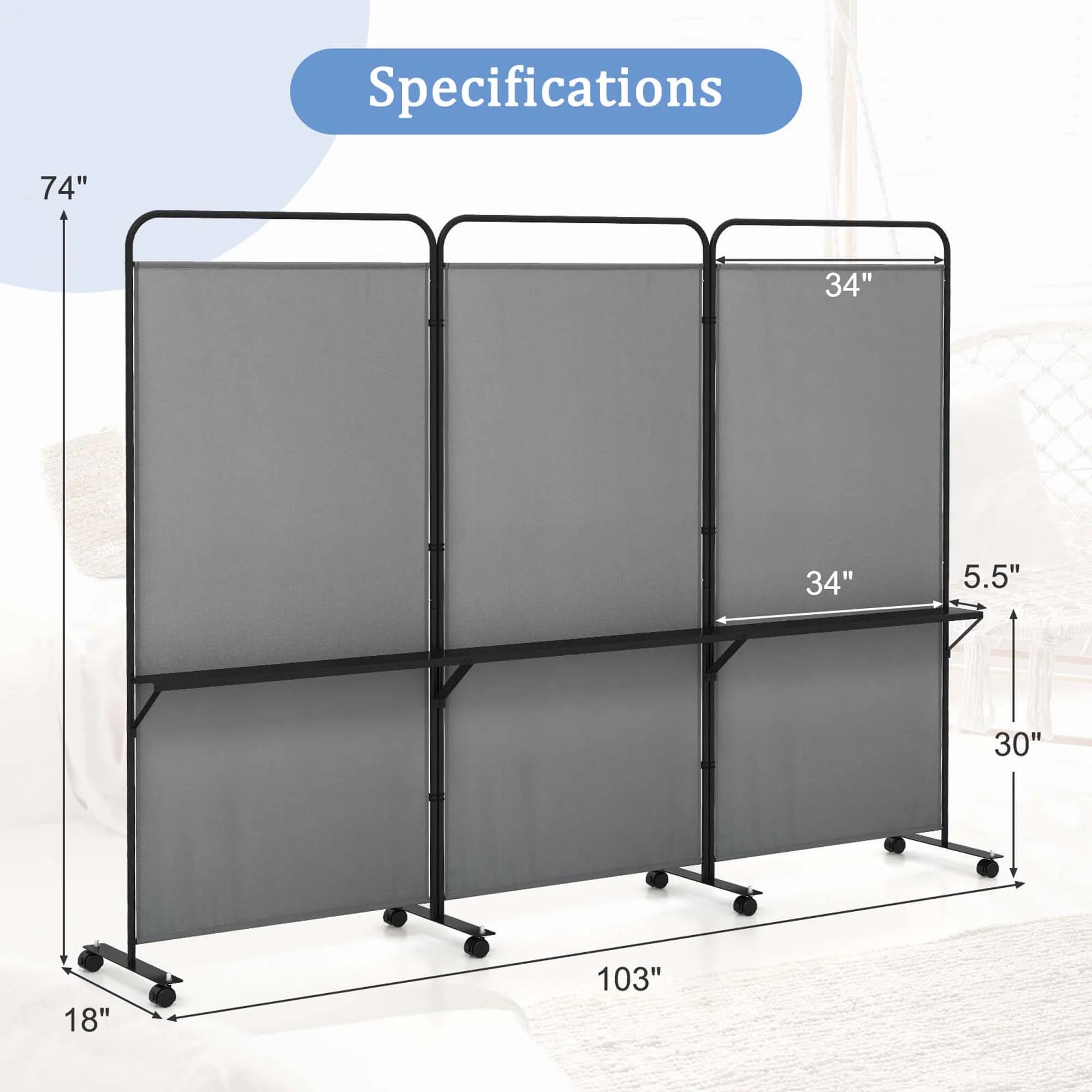 Costway 3 - Panel Room Divider with Storage Shelves 6FT Tall Folding Privacy Screen on Wheels Black