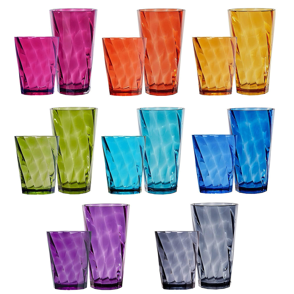 US Acrylic Optix 16-Piece Plastic Stackable Tumblers in Jewel Tone Colors | 8 Each: 14-Ounce Rocks and 20-Ounce Water Drinking Cups | Reusable BPA-Fre