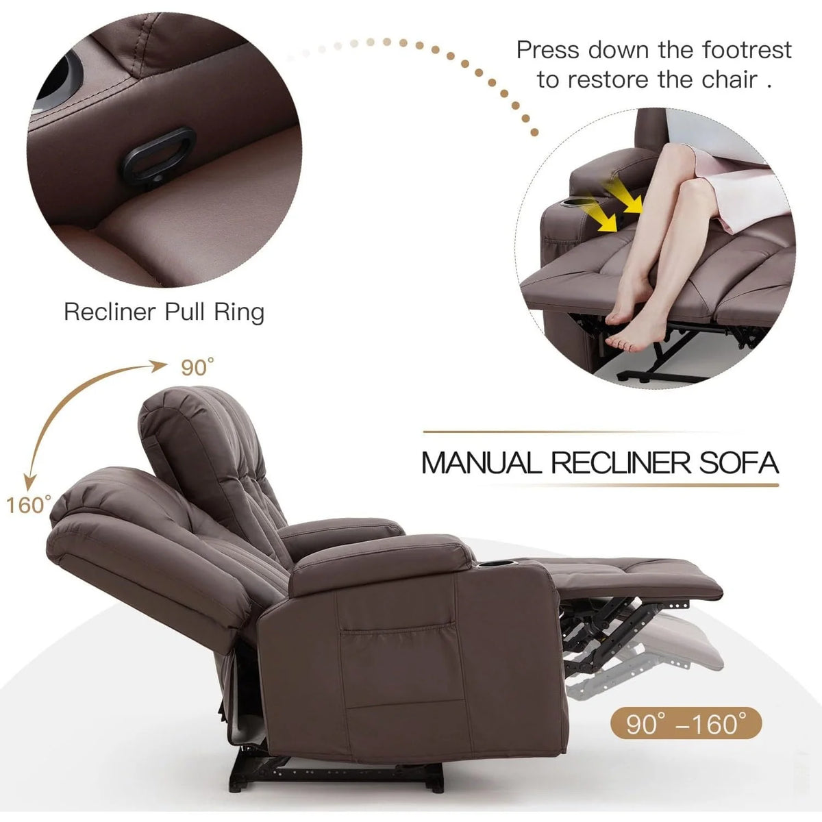 AECOJOY 3 PCS Leather Recliner Sofa Set with Swivel Massage Chair, Brown