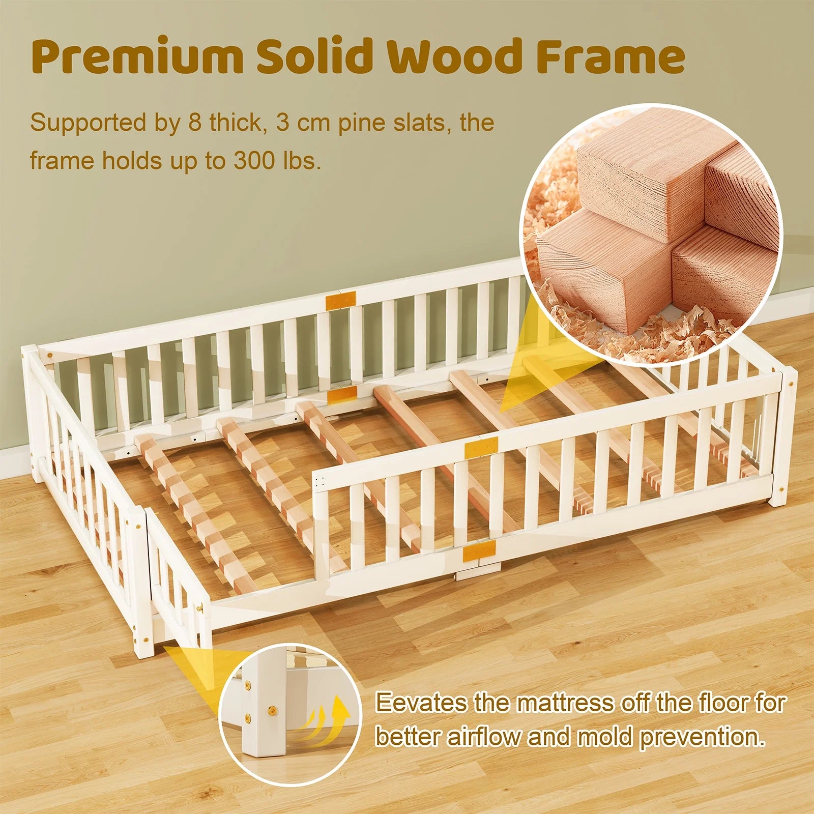 Slsy Twin Size Toddler Floor Bed, Solid Wood Montessori Bed Frame with Fence & Door Montessori Floor Bed Crib with Safety Guardrails for Girls and Boys