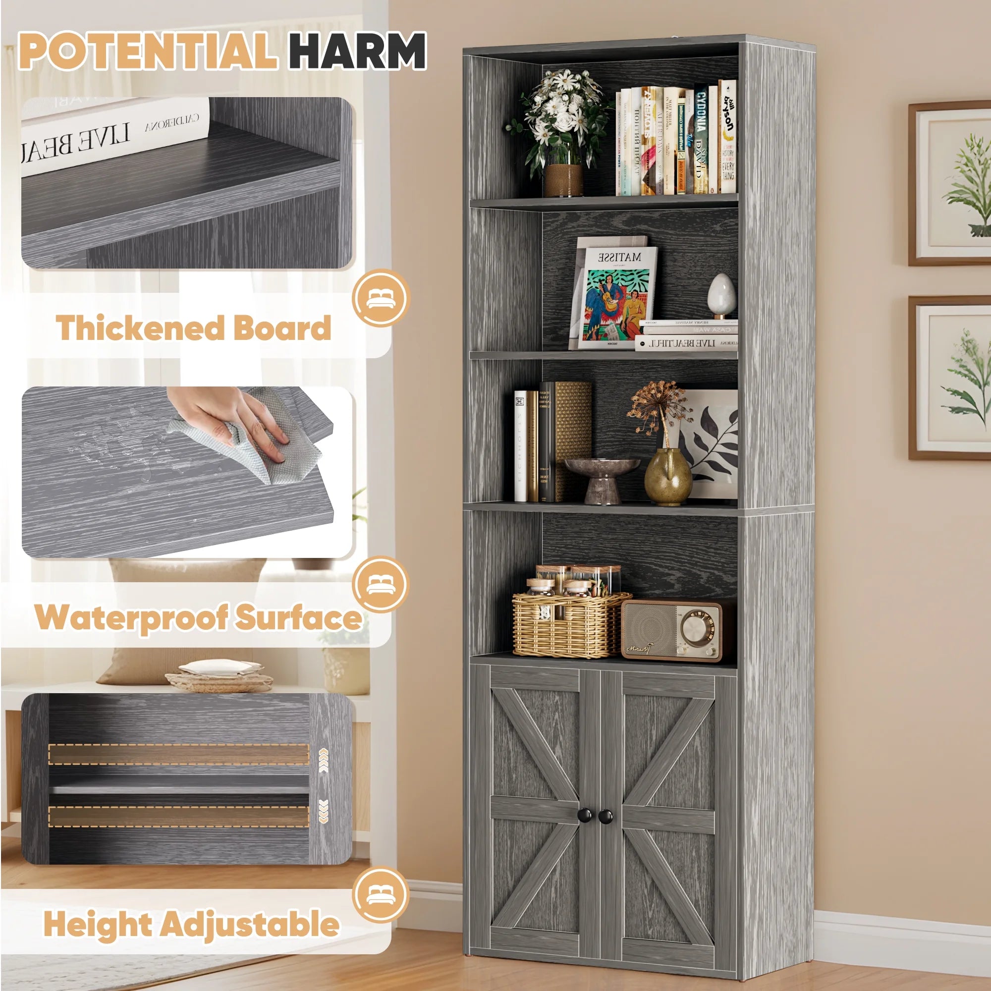 Furmax 1 Piece 4 - Shelf Farmhouse Bookcases 4 - Tier Bookshelf with Adjustable Shelves&Doors, Storage Cabinet for Home Living Room, Kitchen, Office, White