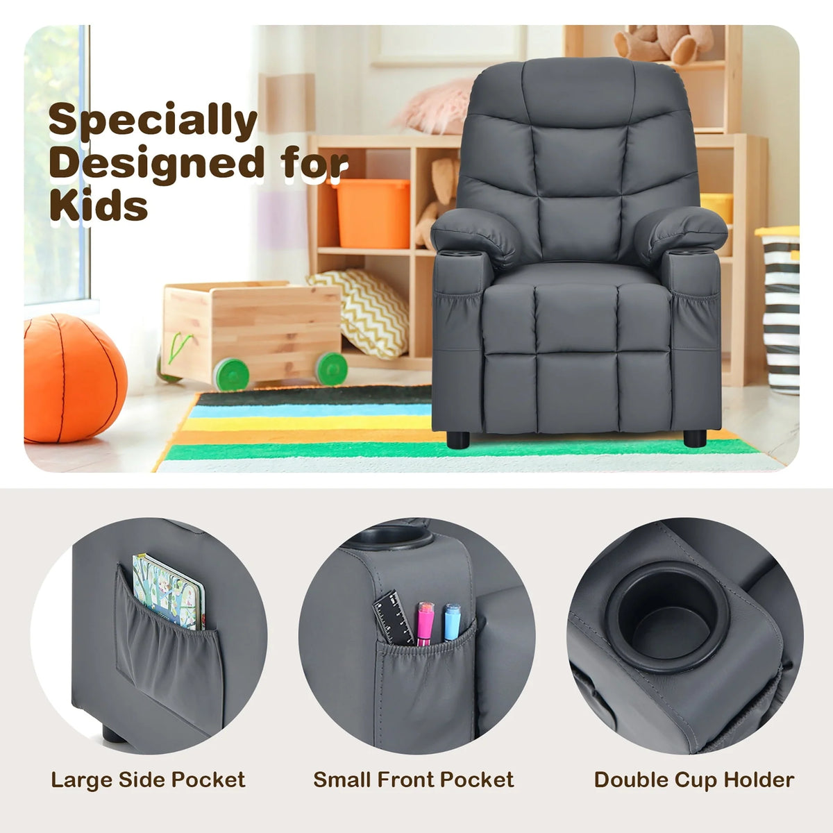 Costway Kids Youth Recliner Chair PU Leather W/Cup Holders & Side Pockets Grey