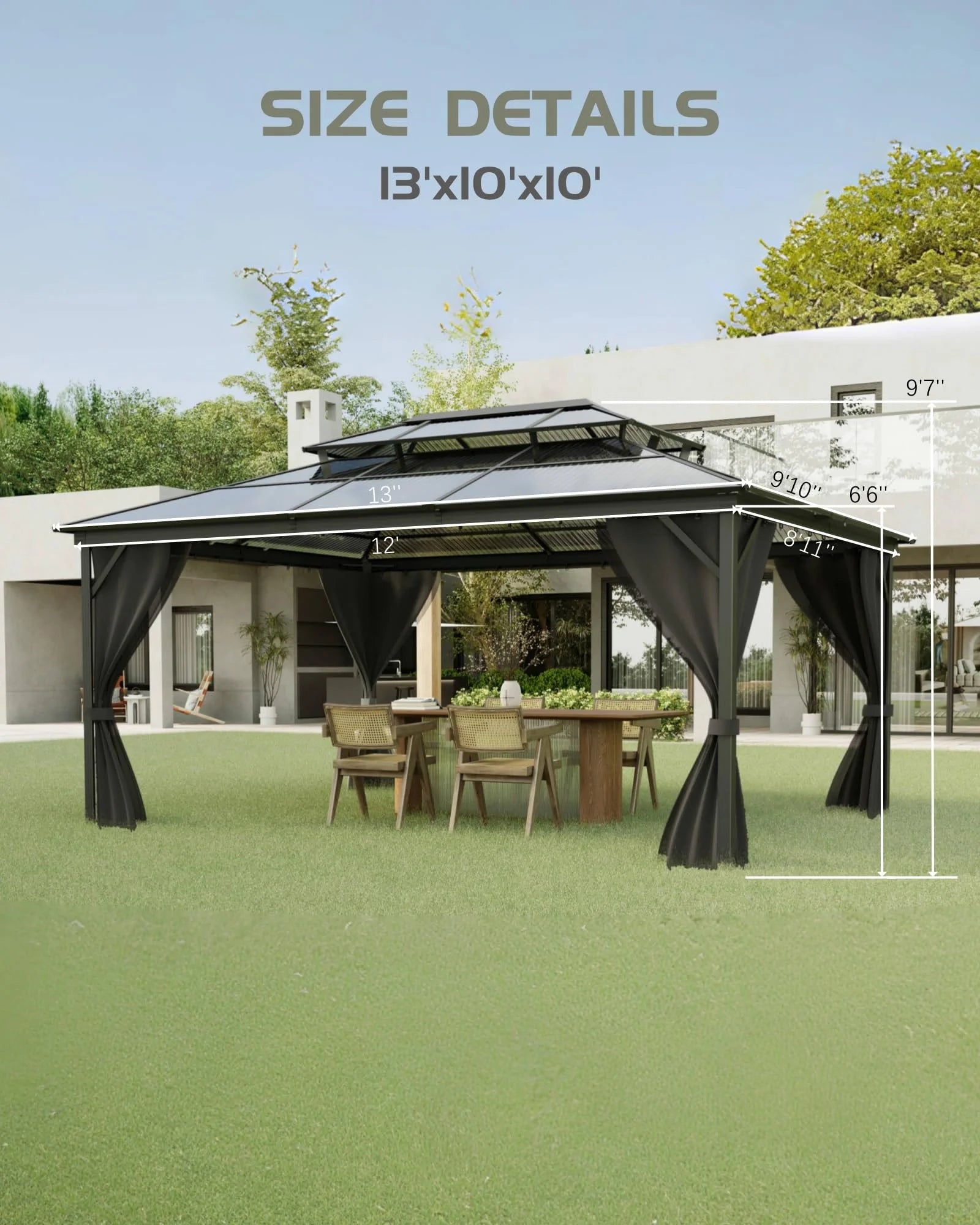 TROPOW Gazebos for Gardens, All Seasons Gazebos, Hardtop Gazebo 10'X13' for All-Weather, Double Polycarbonate Sheets Roof, Aluminum Alloy Frame, Net, and Curtain, Permanent Building for Patio, Gray
