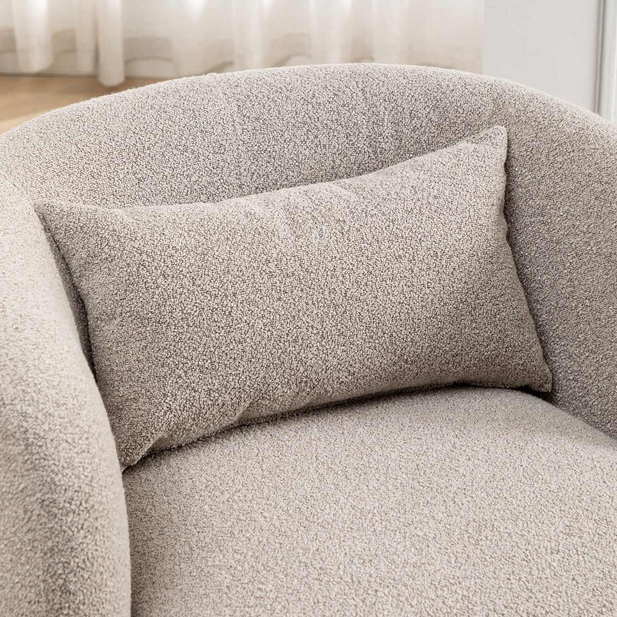 34" Wide Boucle Swivel Barrel Chair, No Assembly Round Upholstered Armchair Accent Chair Single Sofa Chair with Toss Pillow for Living Room and Bedroom, Taupe