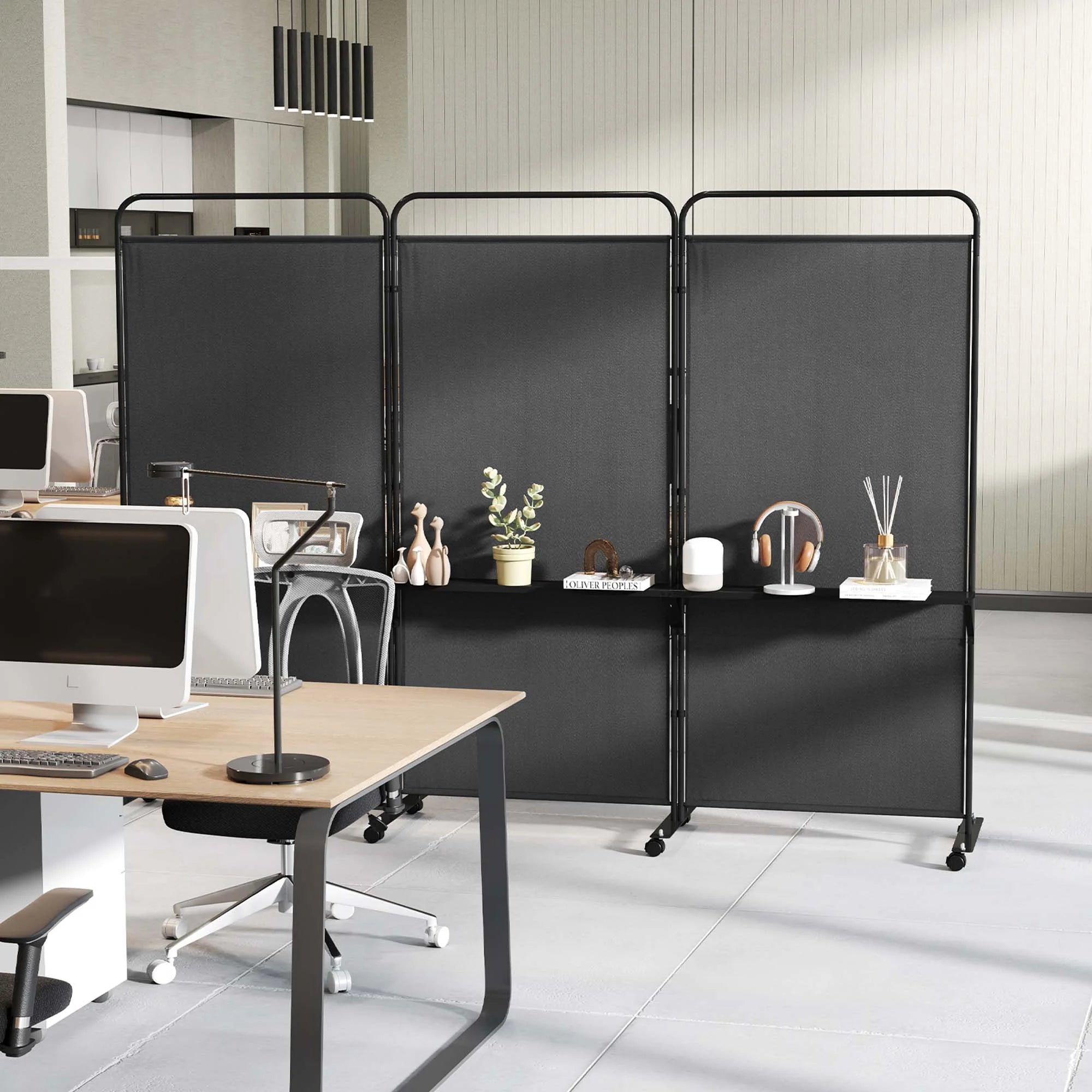 Costway 3 - Panel Room Divider with Storage Shelves 6FT Tall Folding Privacy Screen on Wheels Black
