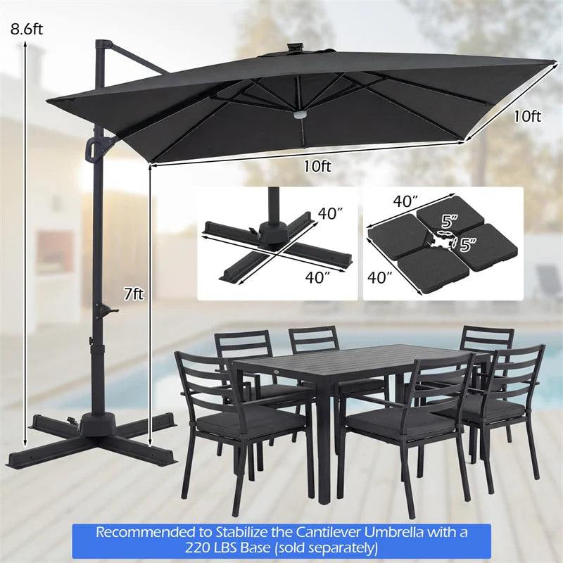 10 FT Cantilever Patio Umbrella with 32 Solar LED Lights, 360° Rotation & Easy Tilt, Square Outdoor Offset Hanging Umbrella with Cross Base