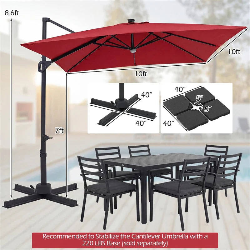 10 FT Cantilever Patio Umbrella with 32 Solar LED Lights, 360° Rotation & Easy Tilt, Square Outdoor Offset Hanging Umbrella with Cross Base