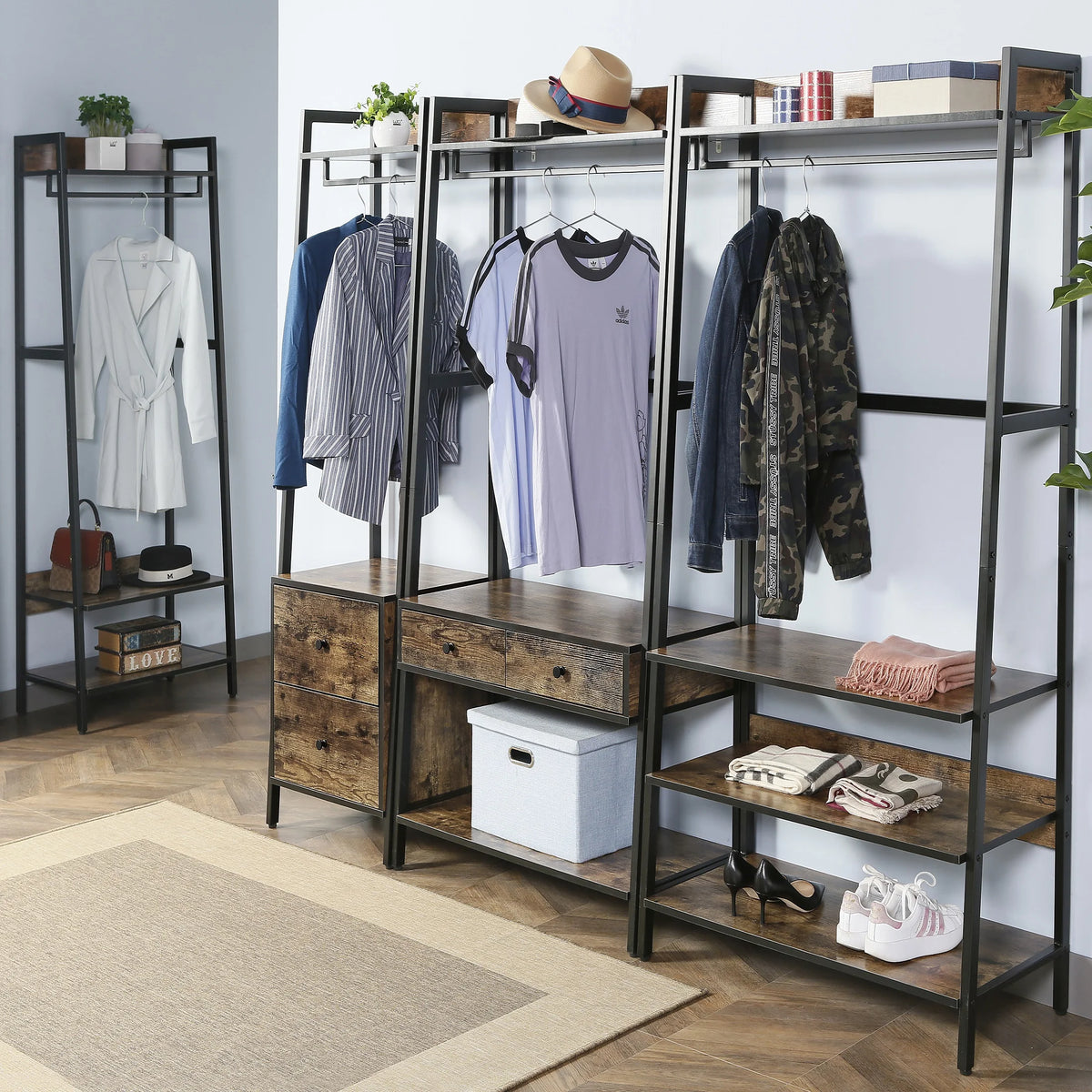 JJS 33" Entryway Coat Rack, Industrial Rustic Hall Tree Shoe Bench with Storage Drawers and Shelf for Hallway, Wood Look Accent Furniture with Metal Frame, Rustic Brown