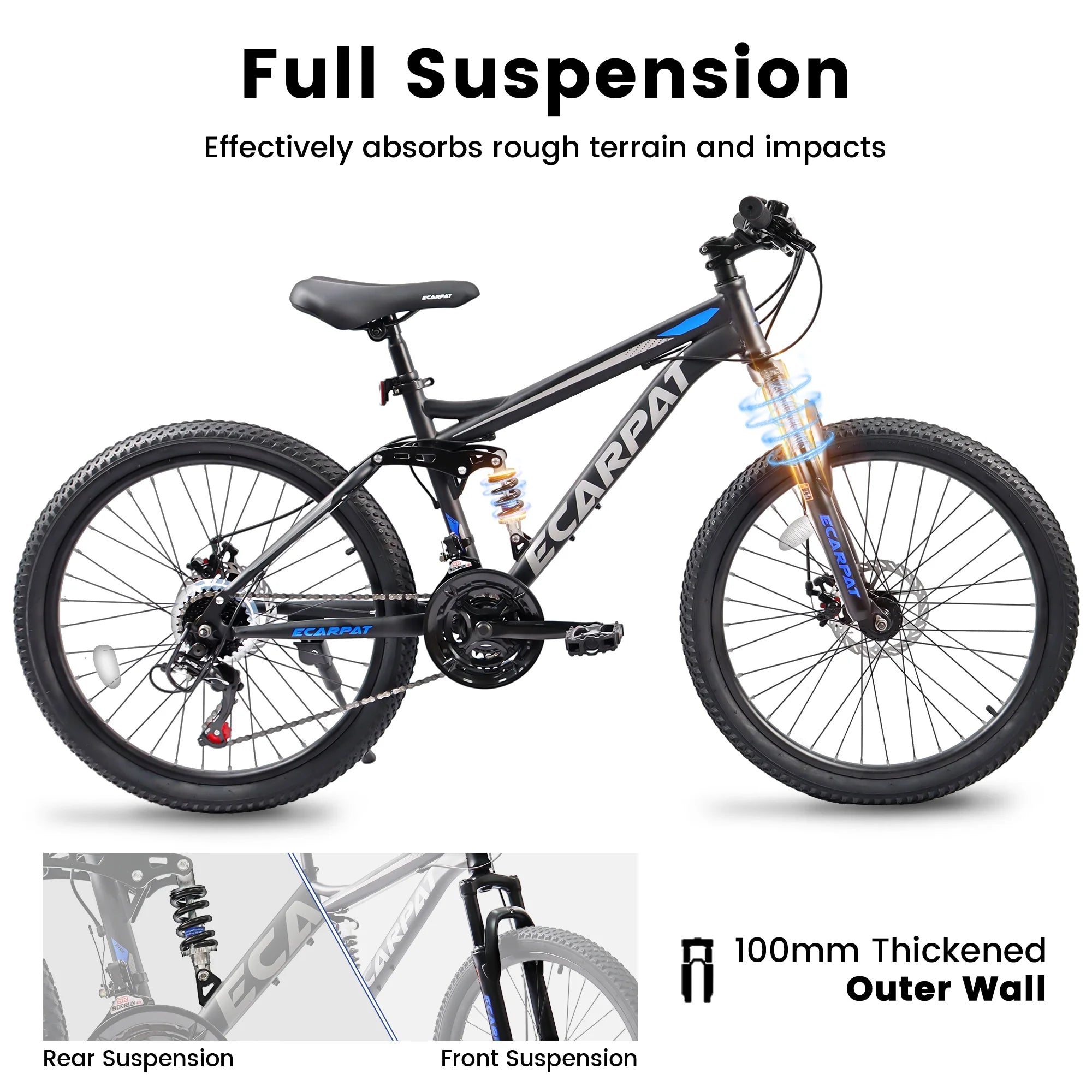 Mountain Bike 26 in Wheels, 21 - Speed Full Suspension Mens Womens Trail Commuter City Mountain Bike, Carbon Steel Frame Disc Brakes Thumb Shifter Front Fork Rear Shock Absorber Bicycles