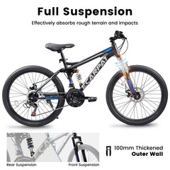 Mountain Bike 26 in Wheels, 21 - Speed Full Suspension Mens Womens Trail Commuter City Mountain Bike, Carbon Steel Frame Disc Brakes Thumb Shifter Front Fork Rear Shock Absorber Bicycles