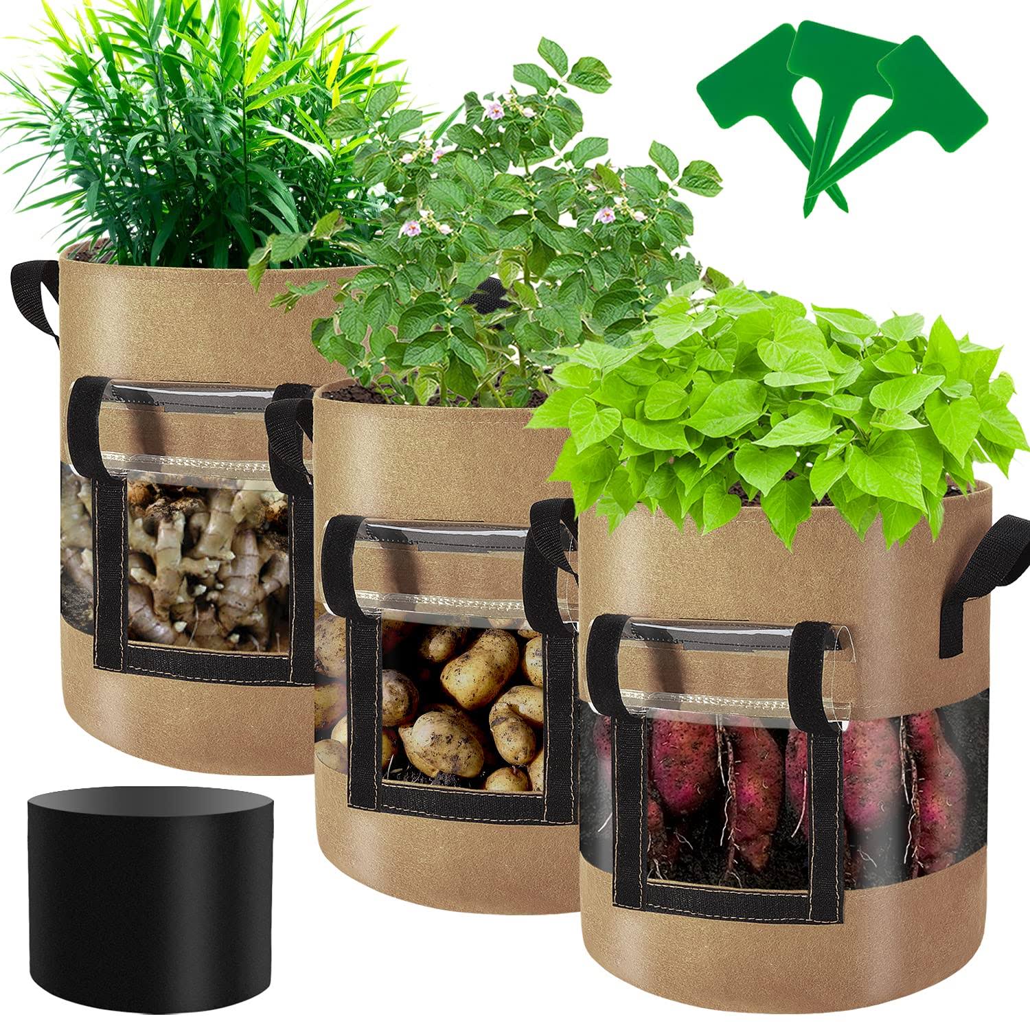 Florelf Visible Strawberry Sweet Potato Grow Bags 7 Gallon with Flap Window 3-Pack, Heavy Duty Thickened Aeration Nonwoven Fabric Pots with Handles,
