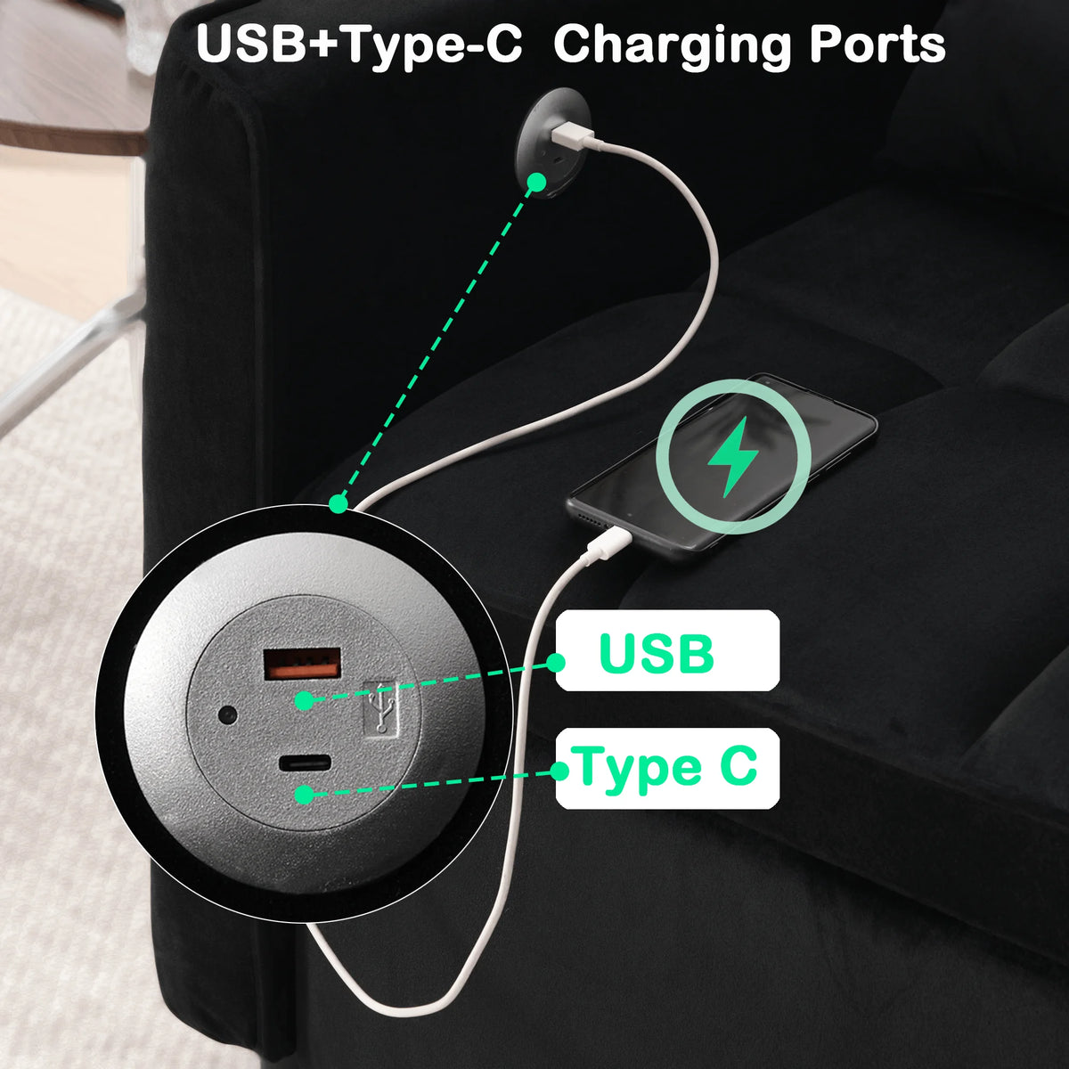 Velvet 3 - in - 1 Convertible Sofa Bed - USB Charging, Adjustable Backrest Pull - Out Couch Loveseat Sleeper for Living Room, Apartment & Small Space, Black