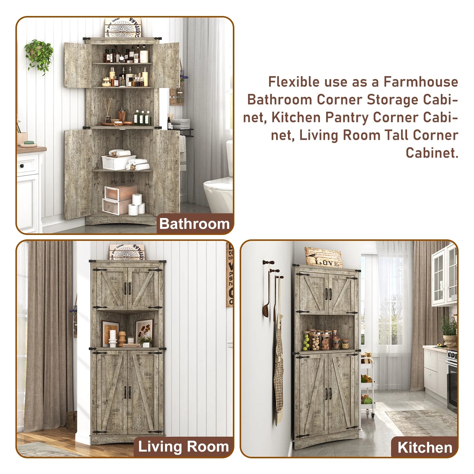 Blotout 68" Tall Farmhouse Corner Cabinet with 4 Doors, 28.3" W Barn Door Storage Cabinet with Adjustable Shelves, 5 Tier Corner Storage Cabinet for Bathroom, Living Room, Kitchen
