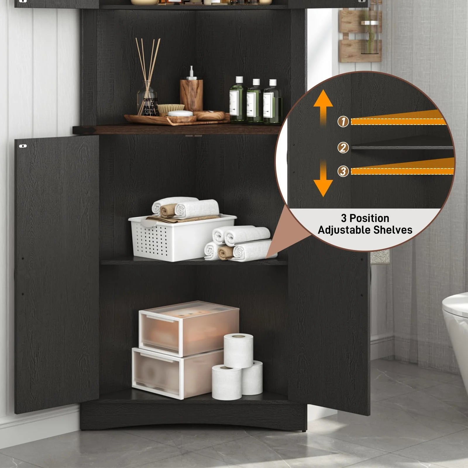 Blotout 68" Tall Farmhouse Corner Cabinet with 4 Doors, 28.3" W Barn Door Storage Cabinet with Adjustable Shelves, 5 Tier Corner Storage Cabinet for Bathroom, Living Room, Kitchen
