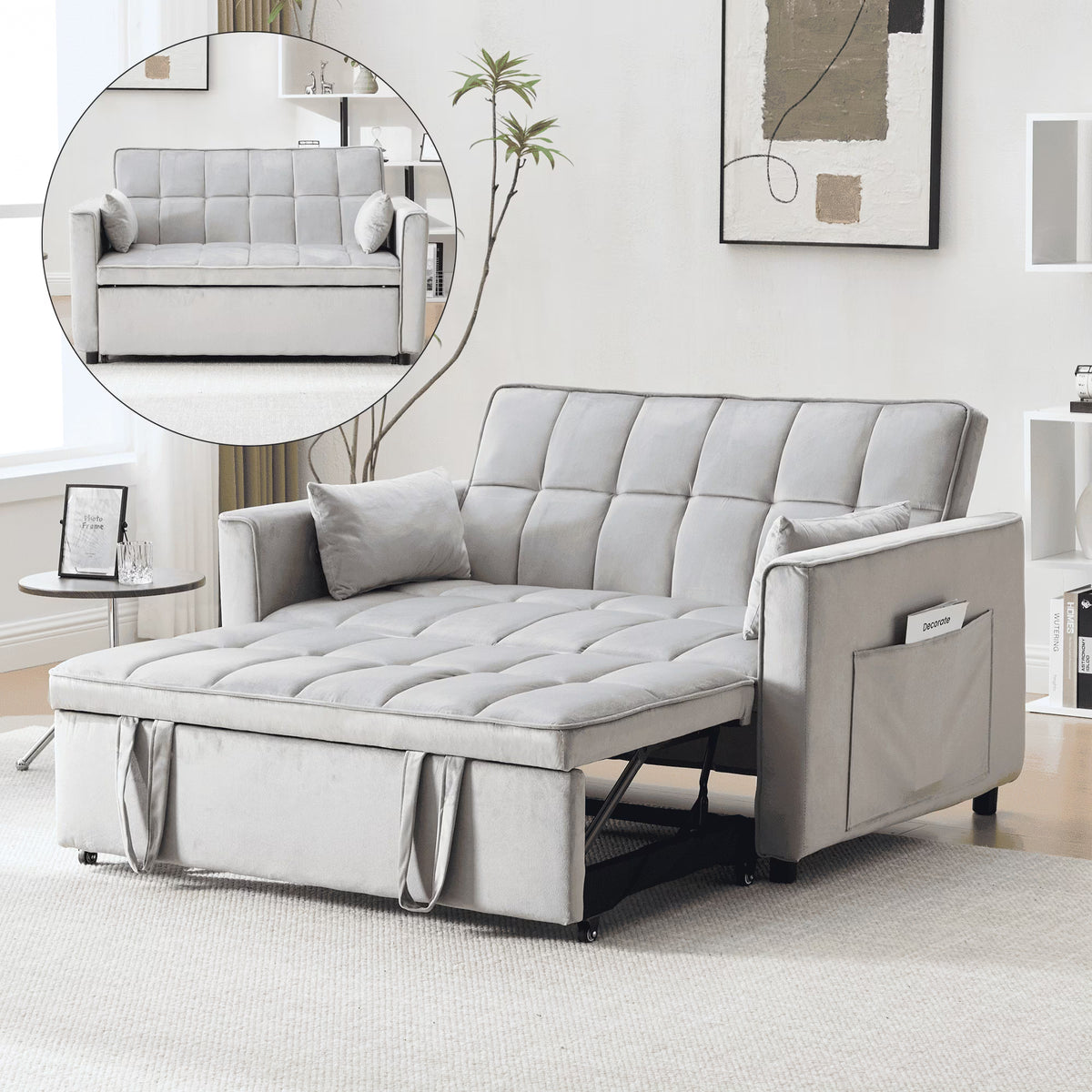 Velvet 3 - in - 1 Convertible Sofa Bed - USB Charging, Adjustable Backrest Pull - Out Couch Loveseat Sleeper for Living Room, Apartment & Small Space, Black