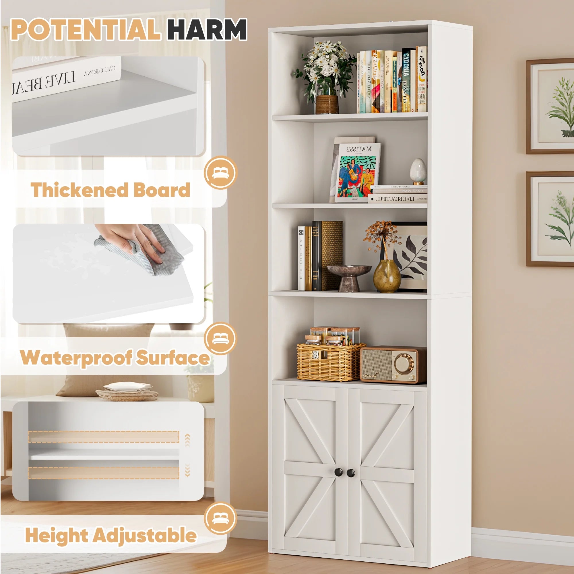 Furmax 1 Piece 4 - Shelf Farmhouse Bookcases 4 - Tier Bookshelf with Adjustable Shelves&Doors, Storage Cabinet for Home Living Room, Kitchen, Office, White