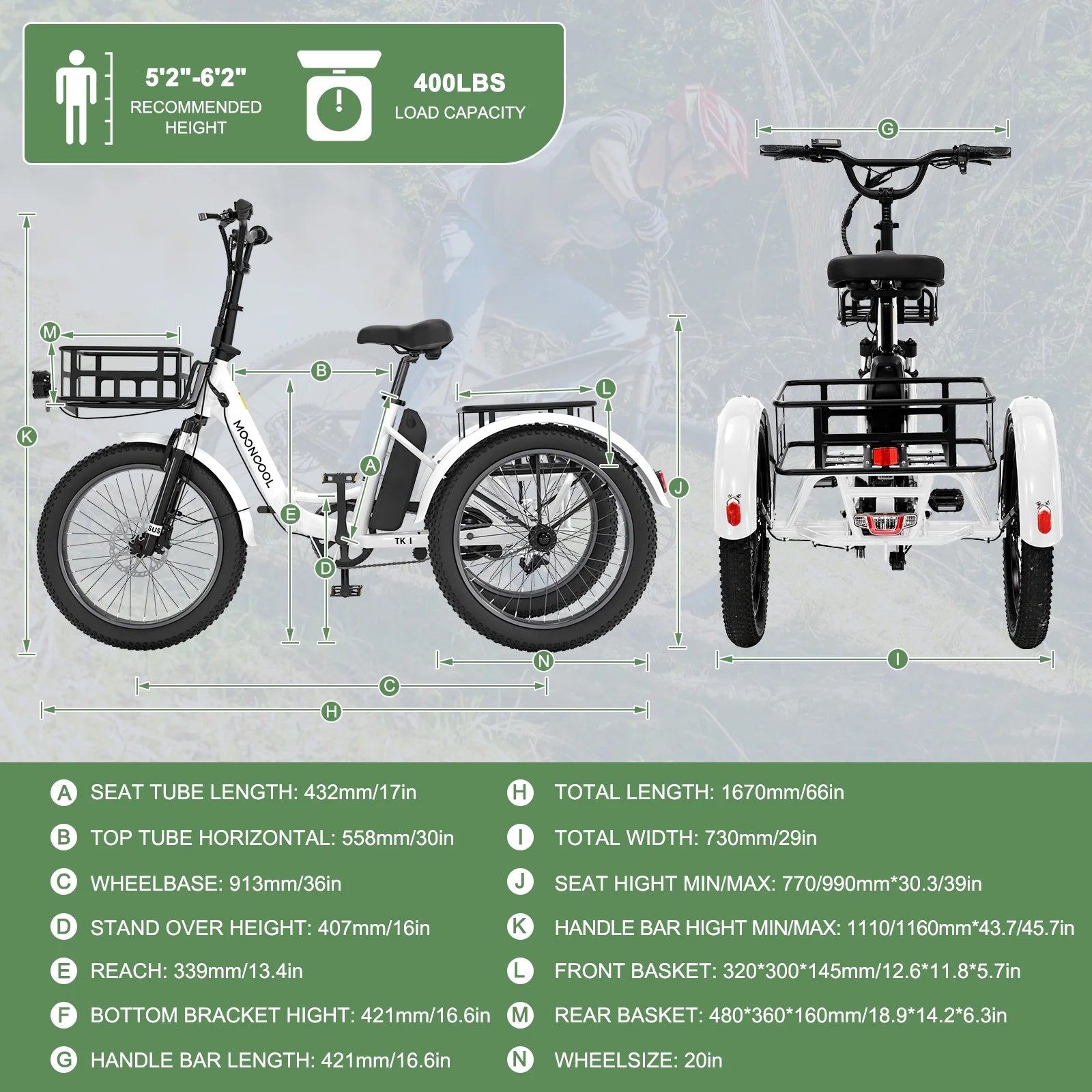 ABORON 3.0 Fat Tire Electric Trike for Senior Foldable E - Bike, 500W Motorized Tricycle Adult 20" Folding 3 Wheel Electric Commute Bike Trike W/48V Battery and Storage Baskets