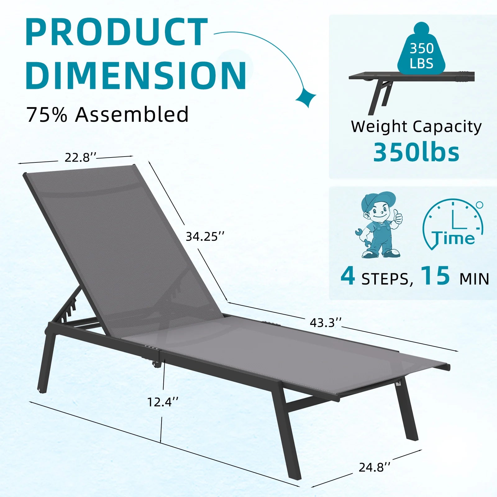 AECOJOY Patio Lounge Chairs, Outdoor Chaise Lounge with Wheels, Dark Grey, 2PCS