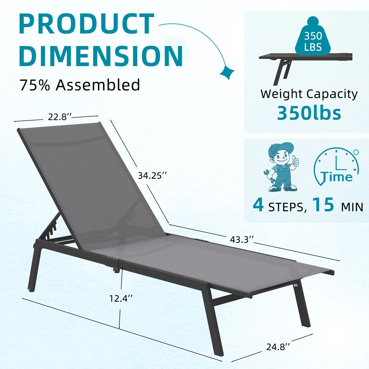 AECOJOY Patio Lounge Chairs, Outdoor Chaise Lounge with Wheels, Dark Grey, 2PCS