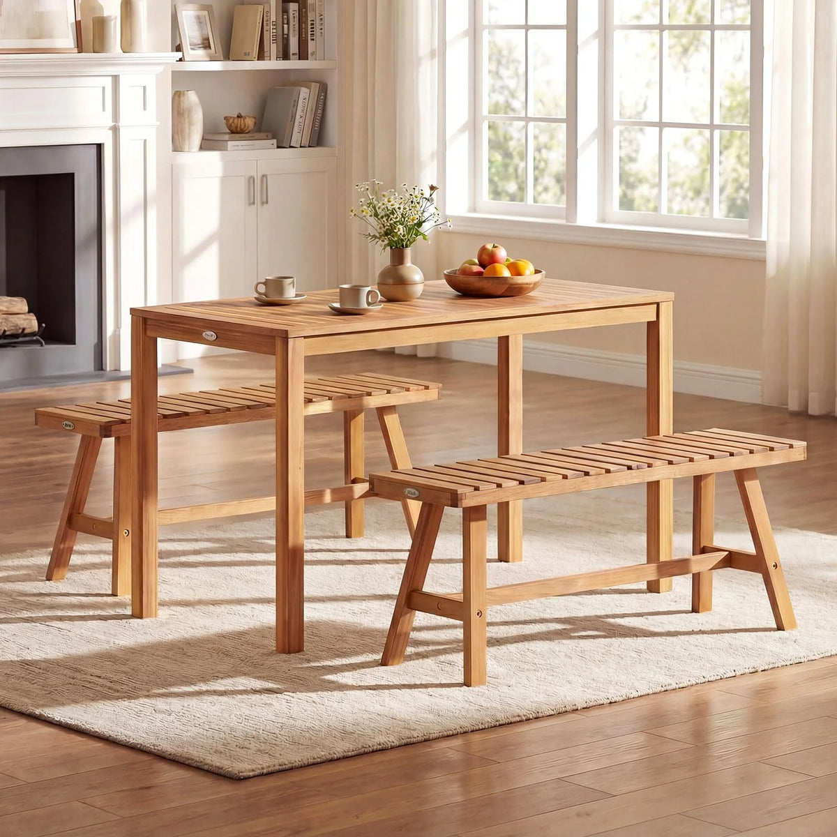 3 Pieces Acacia Wood Patio Dining Set Outdoor Rectangular Table and Benches with Slatted Seats