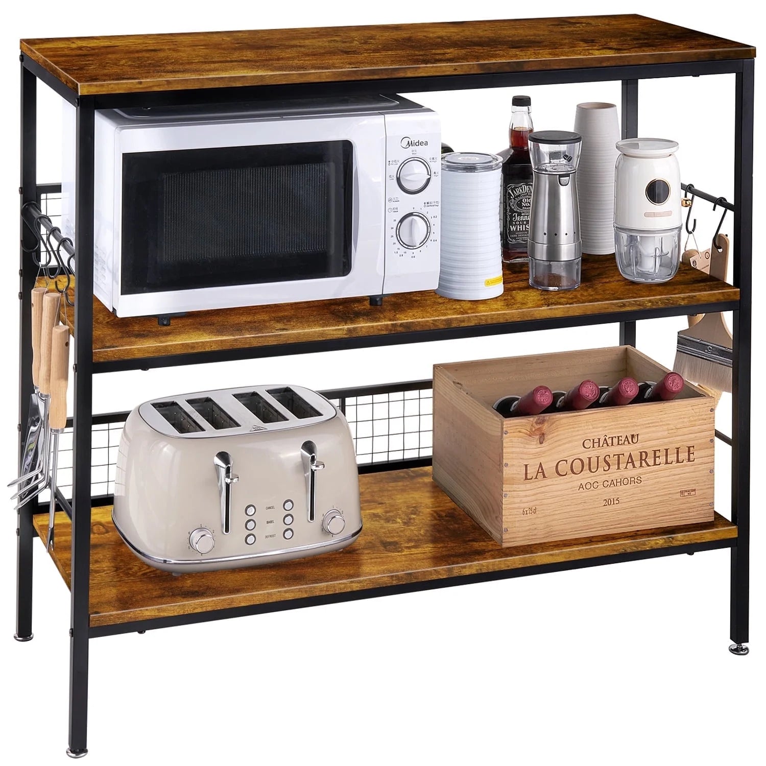 Behost 3 - Tier Rolling Cart Microwave Stand with 10 Hooks, Coffee Bar Kitchen Storage Rack Organizer, Rustic Brown
