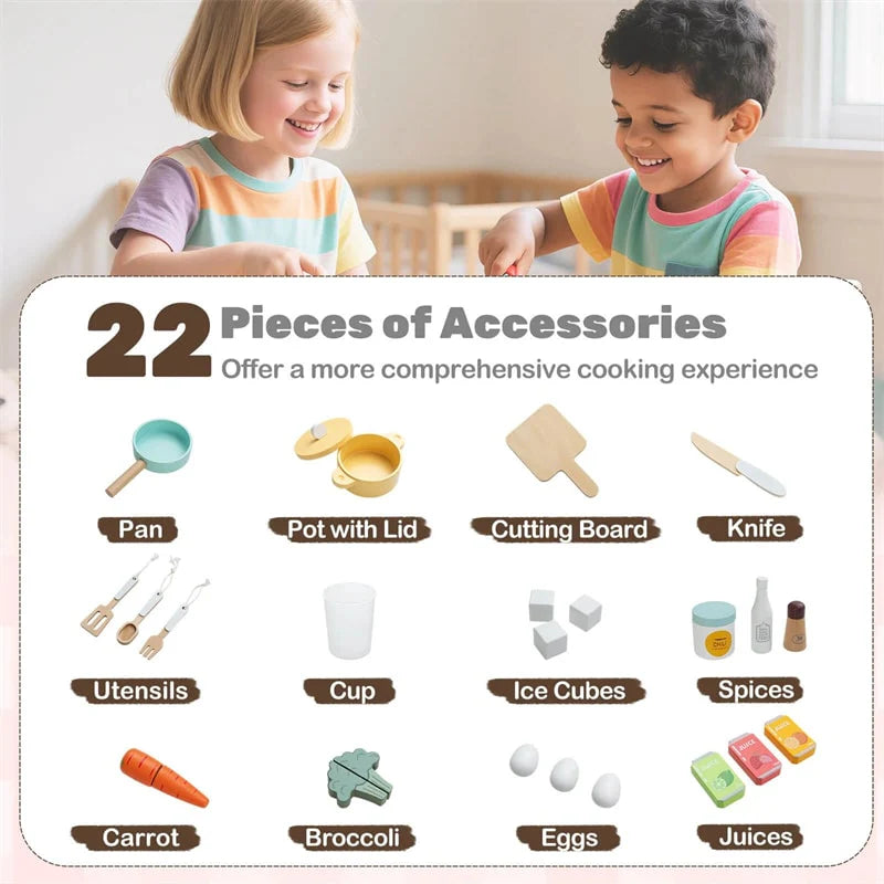Corner Kids Kitchen Playset with Trash Can, Real Lights & Sounds, 2-Door Fridge, 22 Accessories, Wooden Pretend Play Kitchen for Toddlers 3+