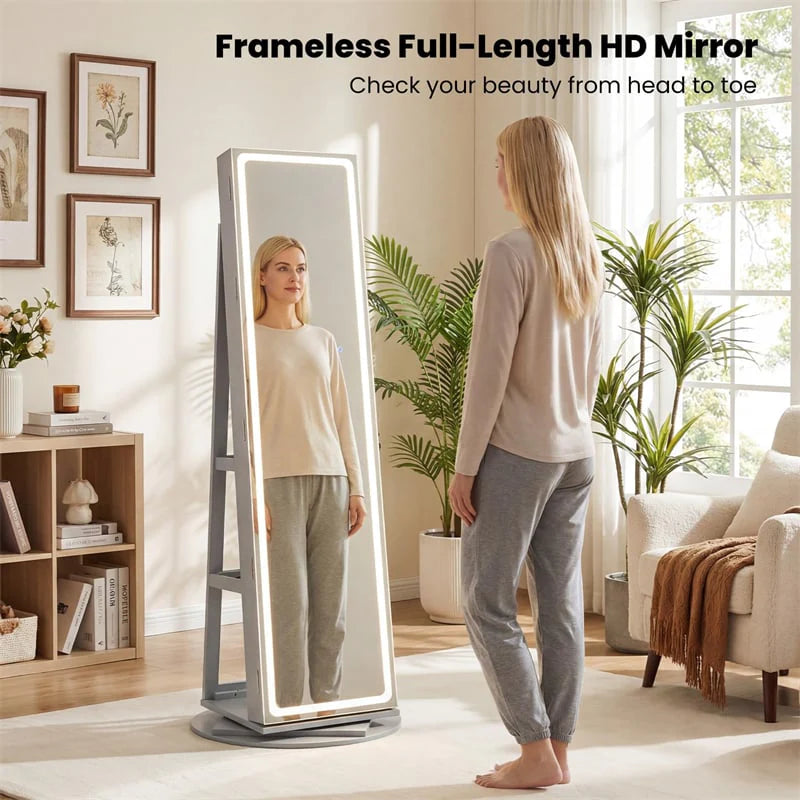 360° Swivel Jewelry Cabinet Armoire w/ Full Length Mirror 3-Color LED Lights & Rear Shelves, Lockable Standing Jewelry Storage Organizer