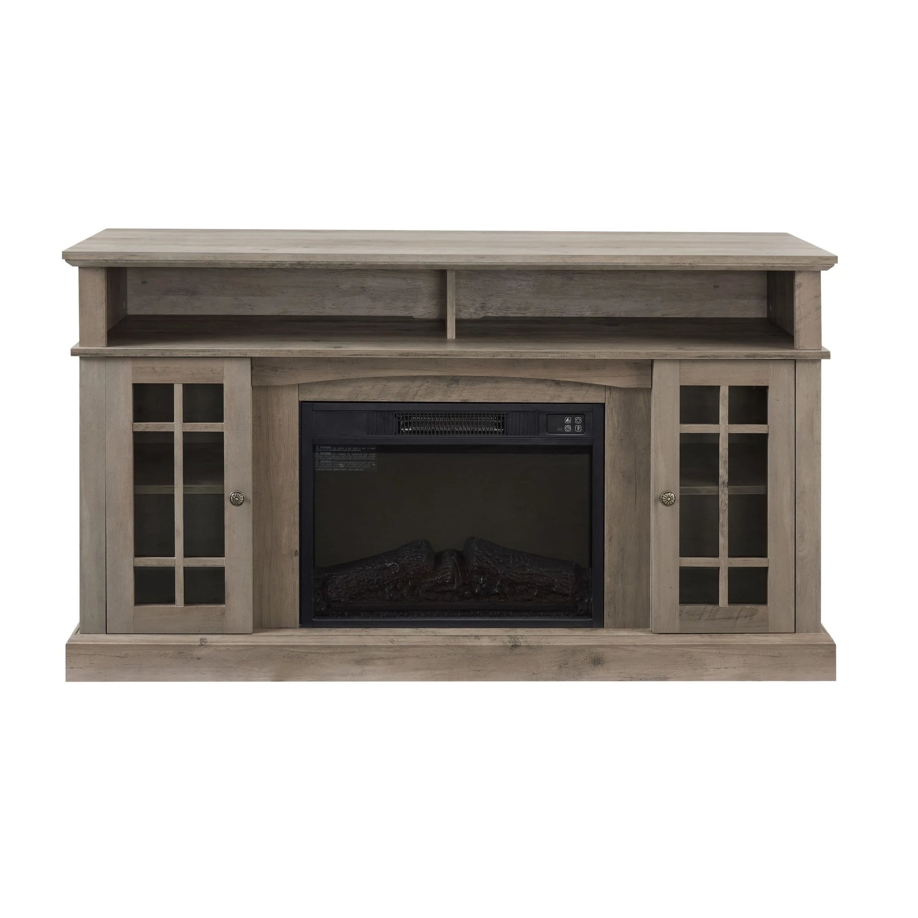 Sesslife Electric Fireplace TV Stand with Remote Control for 65 in TV, Farmhouse TV Console Table with Open Storage Shelves & 2 Cabinets, Wooden Media Entertainment Center for Living Room, Gray