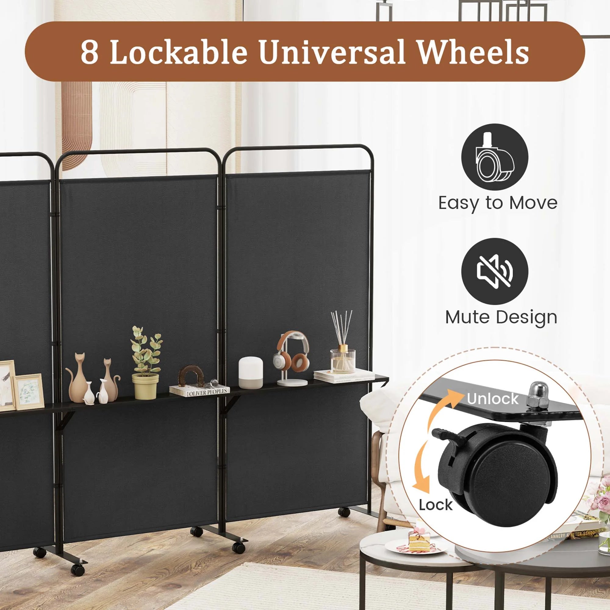 Costway 3 - Panel Room Divider with Storage Shelves 6FT Tall Folding Privacy Screen on Wheels Black