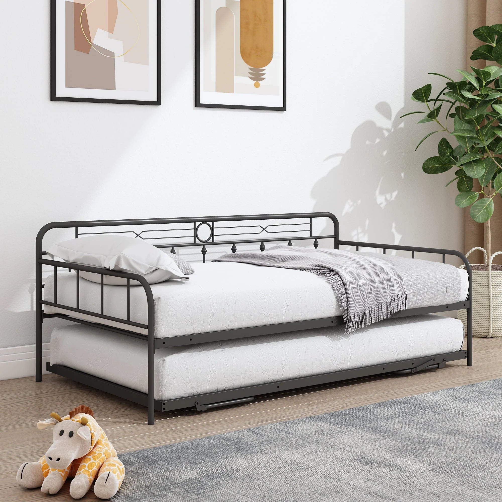 Sesslife Metal Daybed with Adjustable Trundle, Twin Size Daybed with Twin Size Pop up Trundle Bed, Heavy - Duty Sofa with Portable Folding Trundle Bed for Bedroom Living Room (Black)