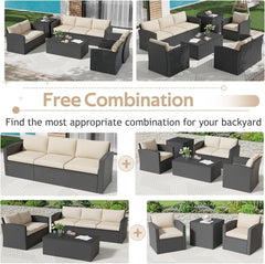 AECOJOY 7 PCS Outdoor Patio Furniture Sets with 2 Storage Boxes, Black & Beige