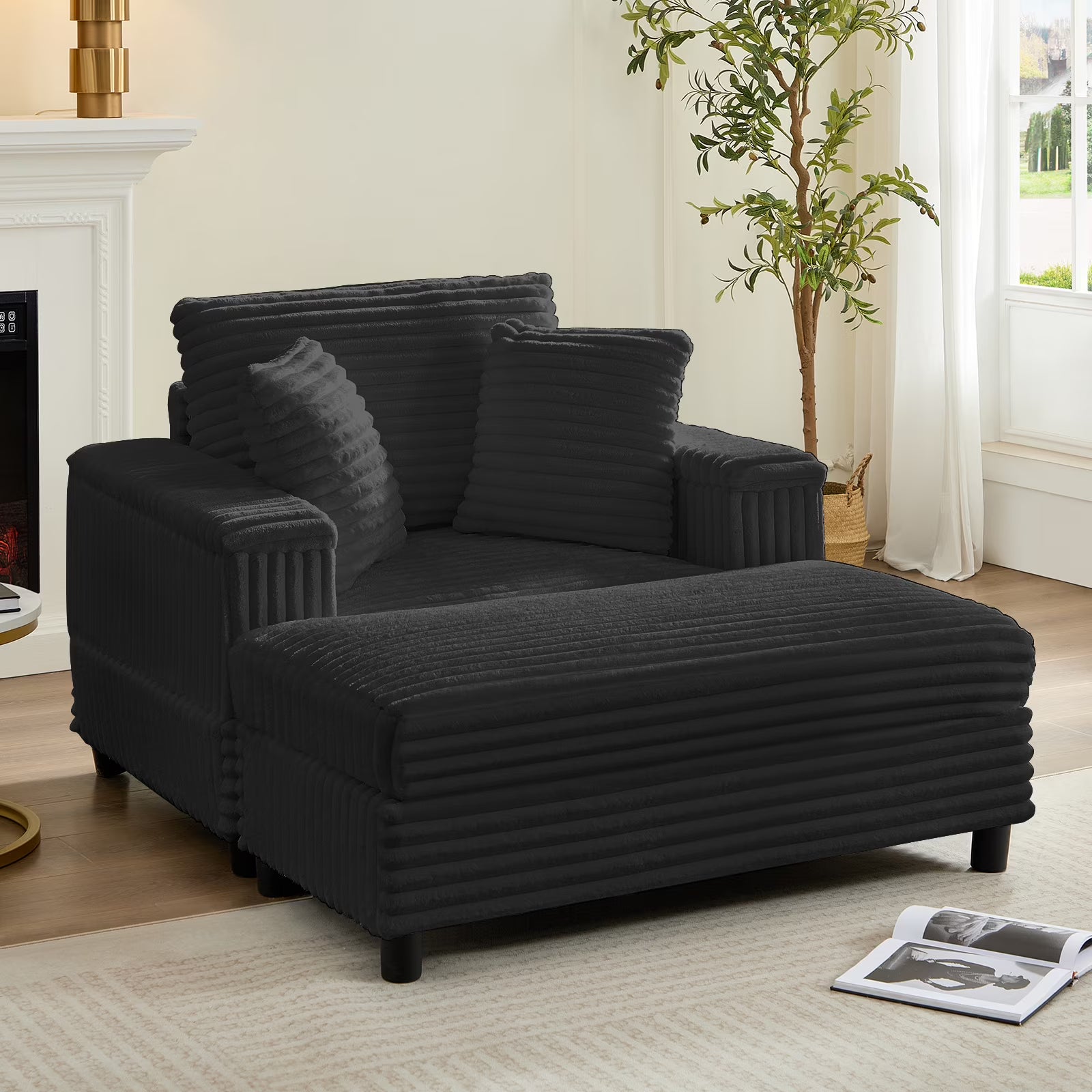 ZAFLY 44" Modern Corduroy Accent Armchair with Storage Ottoman for Living Room, Black