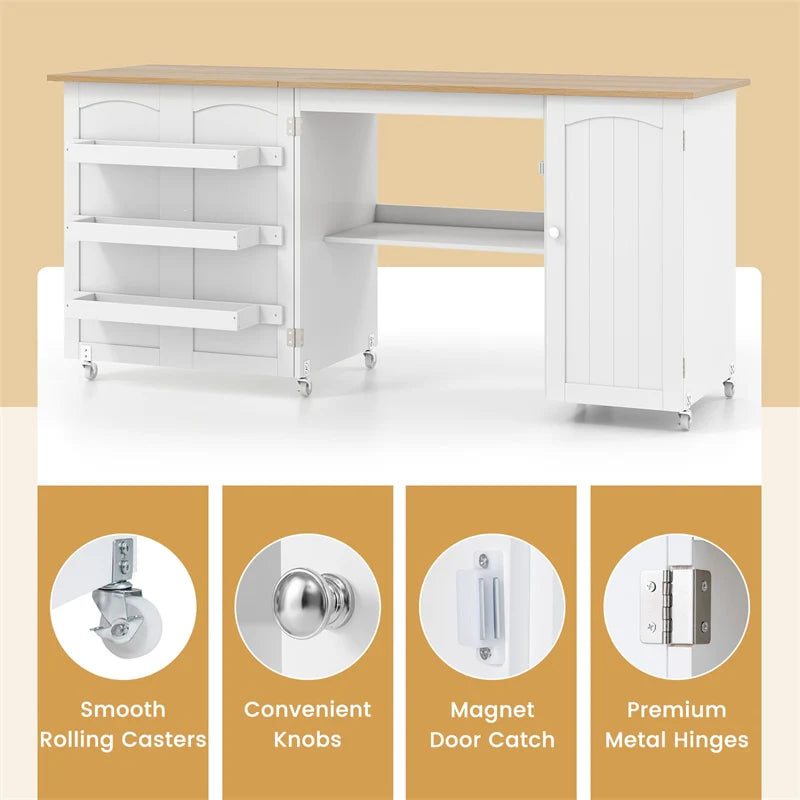 62.5" Folding Sewing Table Rolling Craft Station with Storage Cabinet & Shelves, Foldable Sewing Machine Desk w/ Lockable Wheels for Home