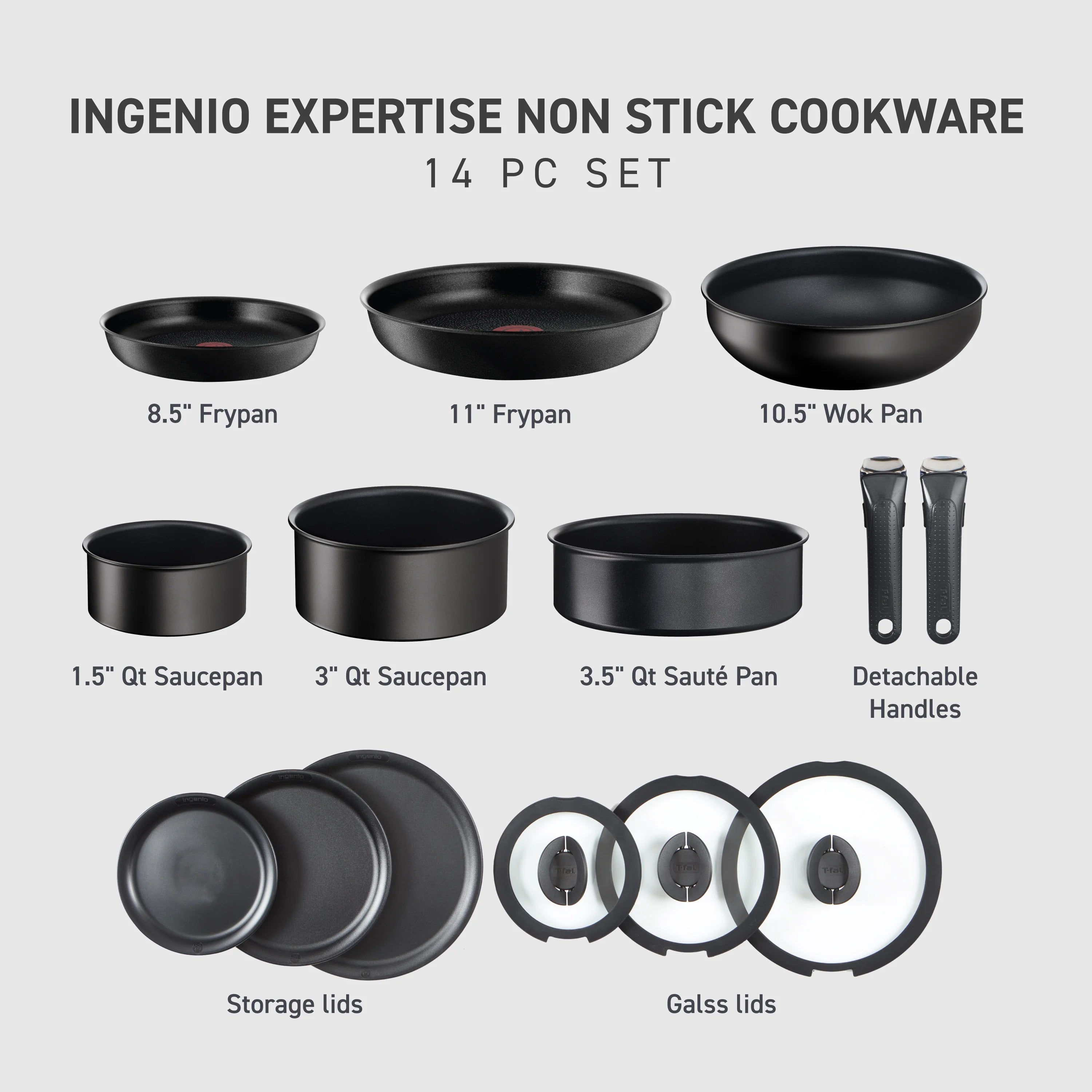 T - Fal Ingenio Expertise Nonstick 14 - Piece Cookware Set, Induction Oven Safe up to 500F, Detachable Handle, Onyx Black