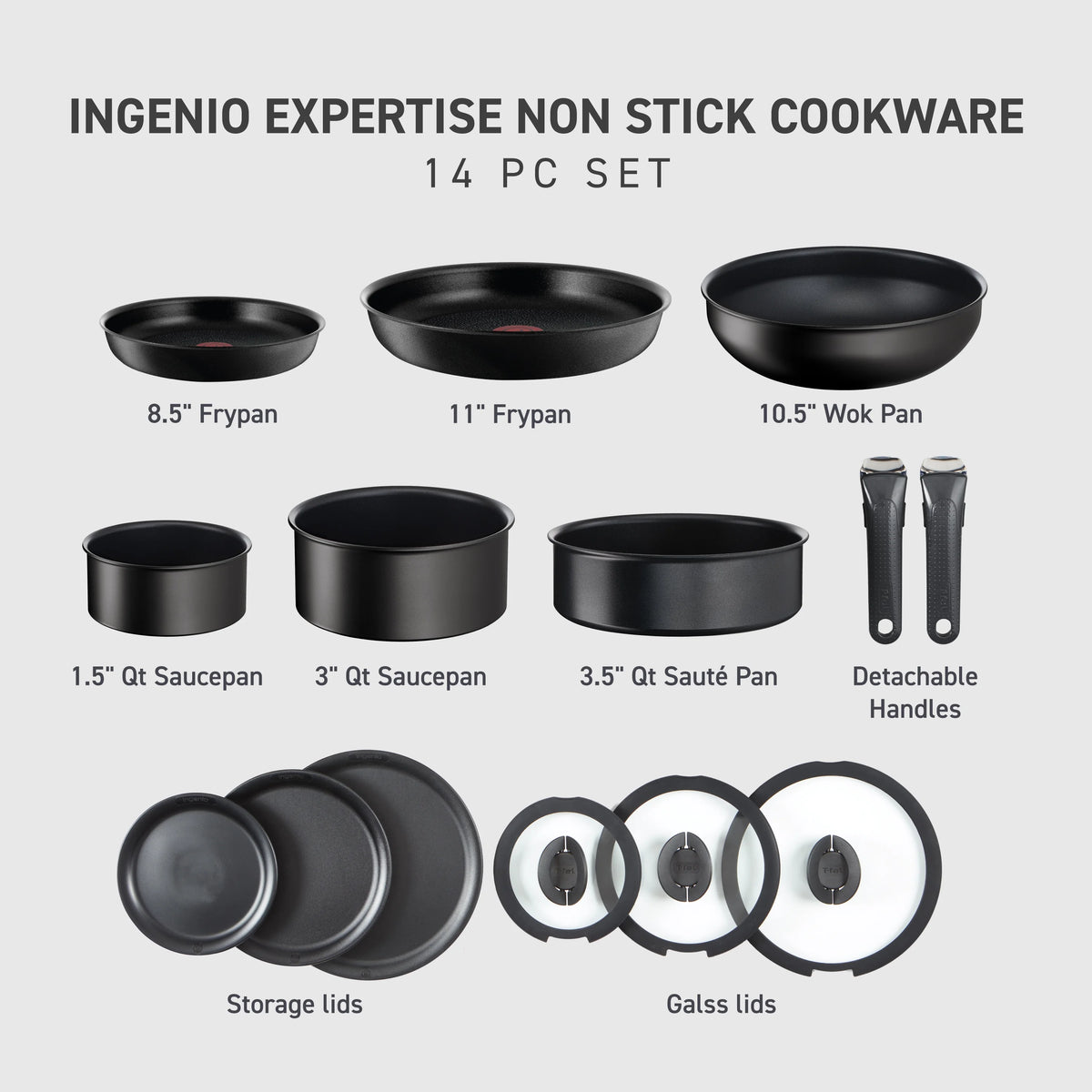 T - Fal Ingenio Expertise Nonstick 14 - Piece Cookware Set, Induction Oven Safe up to 500F, Detachable Handle, Onyx Black