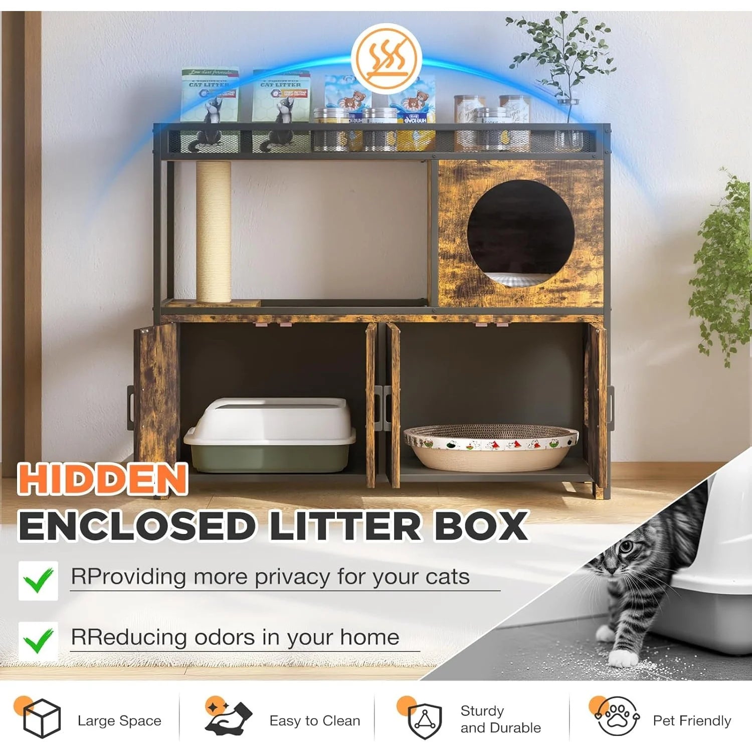 AECOJOY Double Litter Box Enclosure, Wooden Cat Washroom Furniture Hidden with Storage & Doors for 2 Cats