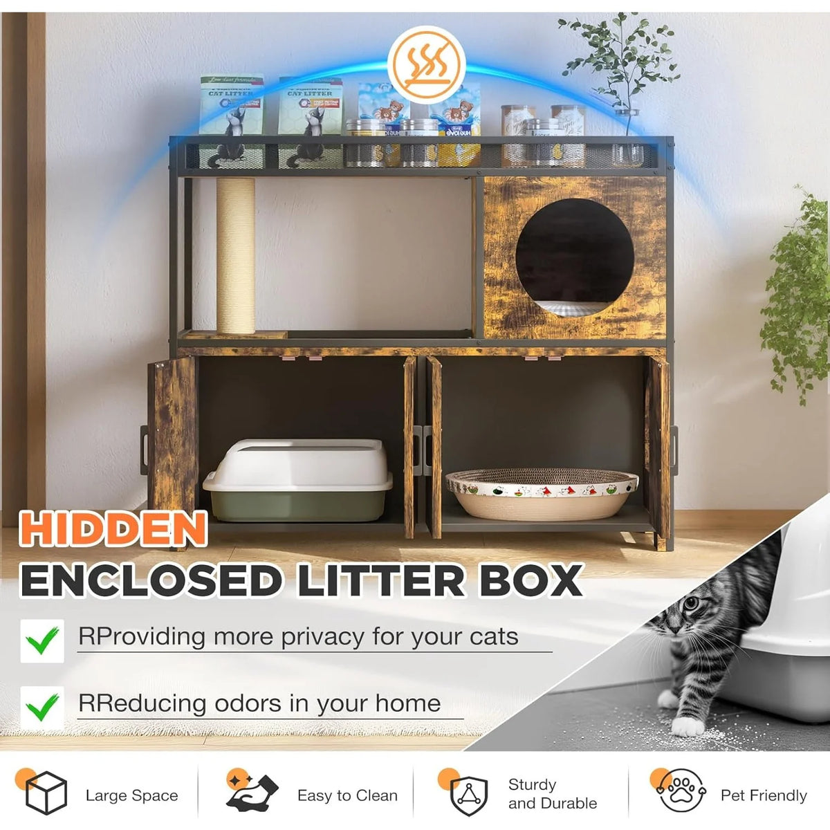 AECOJOY Double Litter Box Enclosure, Wooden Cat Washroom Furniture Hidden with Storage & Doors for 2 Cats