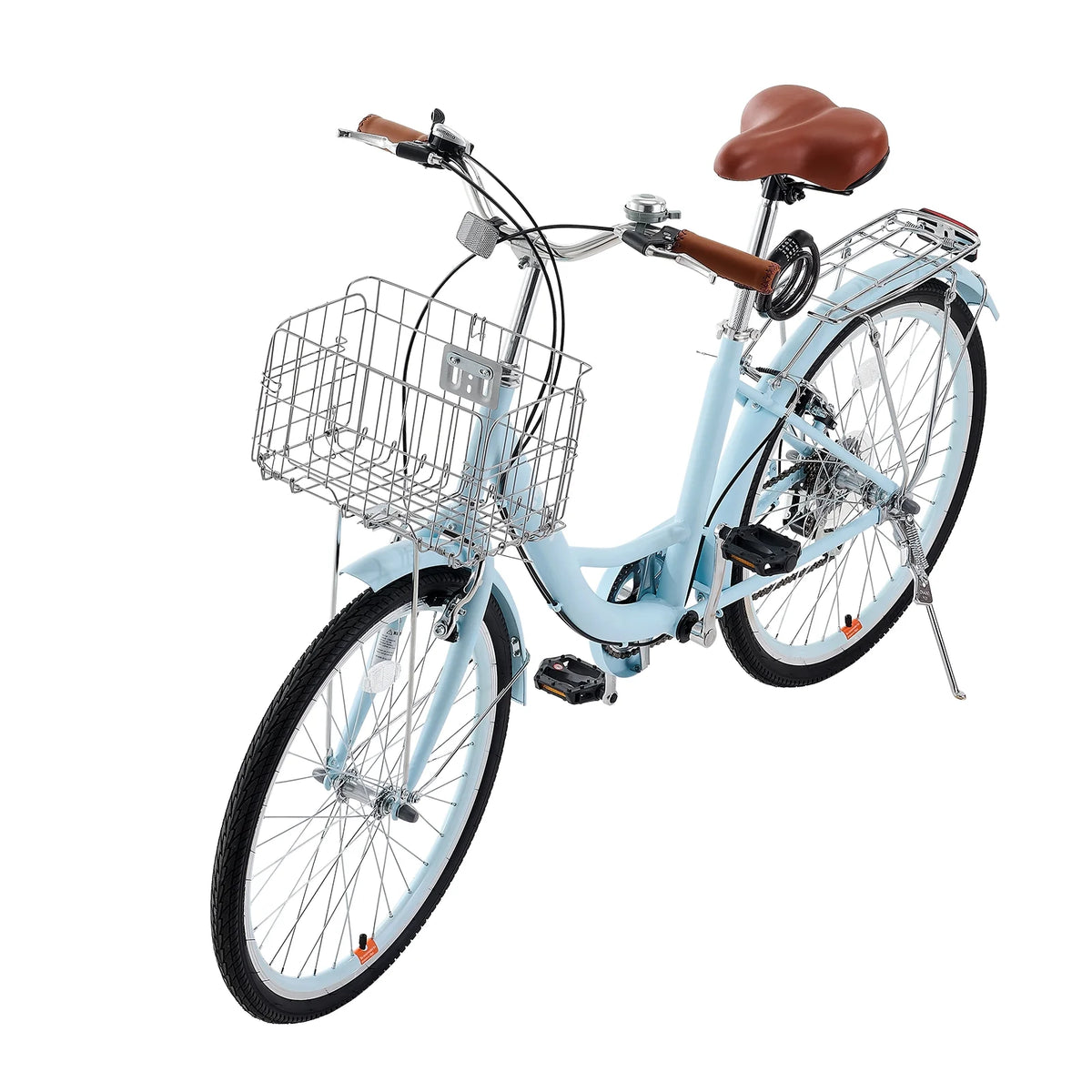 KFFKFF 24" Cruiser Bike, 7 - Speed, Sky Blue Coastal Cycle with Spacious Basket and Back Stand, Reliable & Robust Leisure Bicycle with Modifiable Saddle