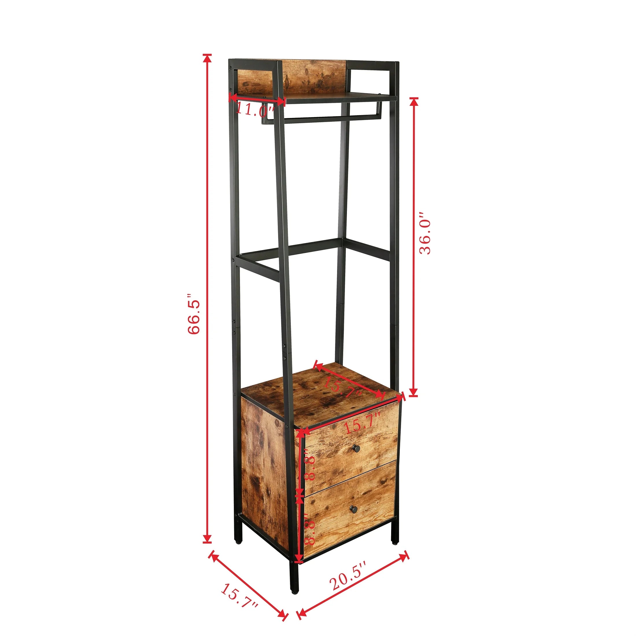 JJS 33" Entryway Coat Rack, Industrial Rustic Hall Tree Shoe Bench with Storage Drawers and Shelf for Hallway, Wood Look Accent Furniture with Metal Frame, Rustic Brown