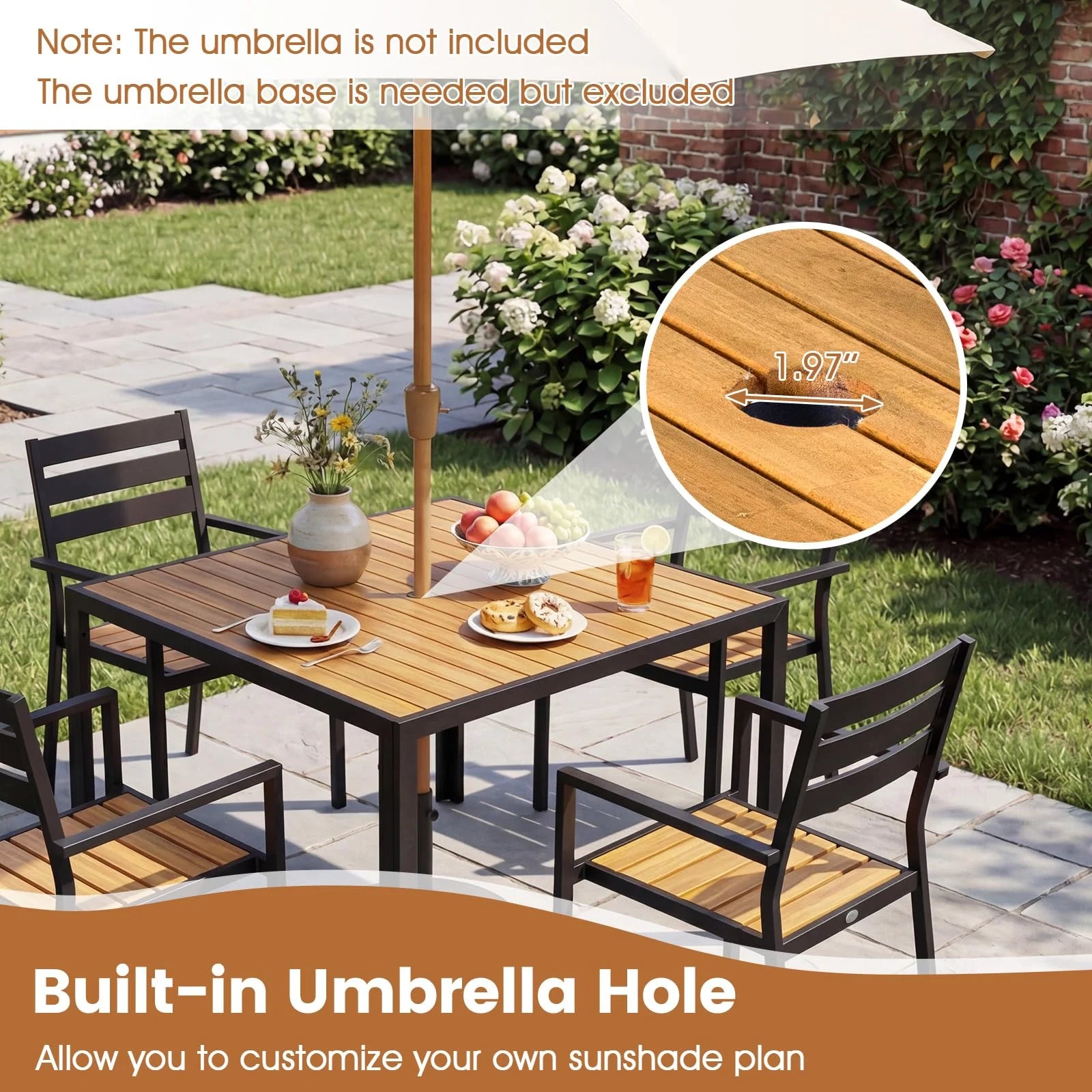 Tangkula 36" Square Acacia Wood Patio Dining Table 1.97" Umbrella Hole and Heavy Duty Metal Frame