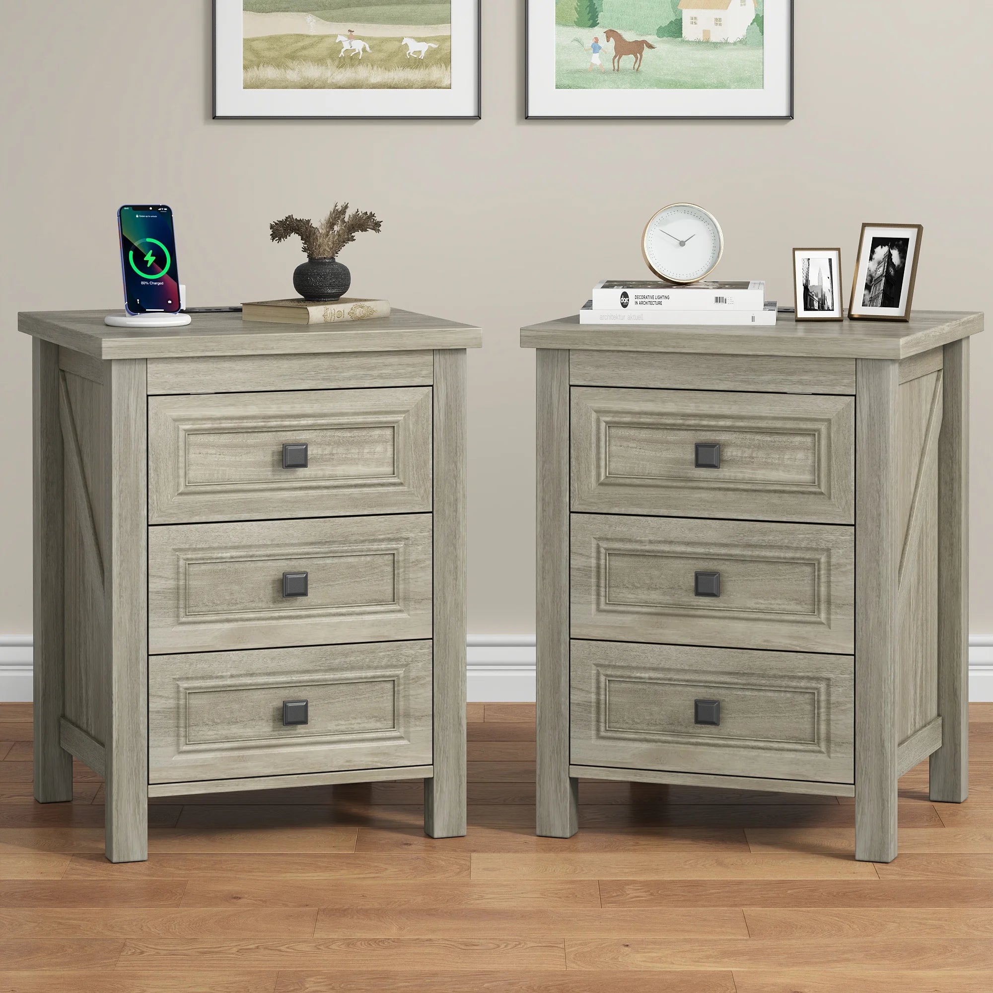 IDEALSOUL Nightstand, Bedside Table with Charging Station, Farmhouse 3 Drawer Nightstand Rustic Night Stand End Tables for Bedroom Living Room, Gray