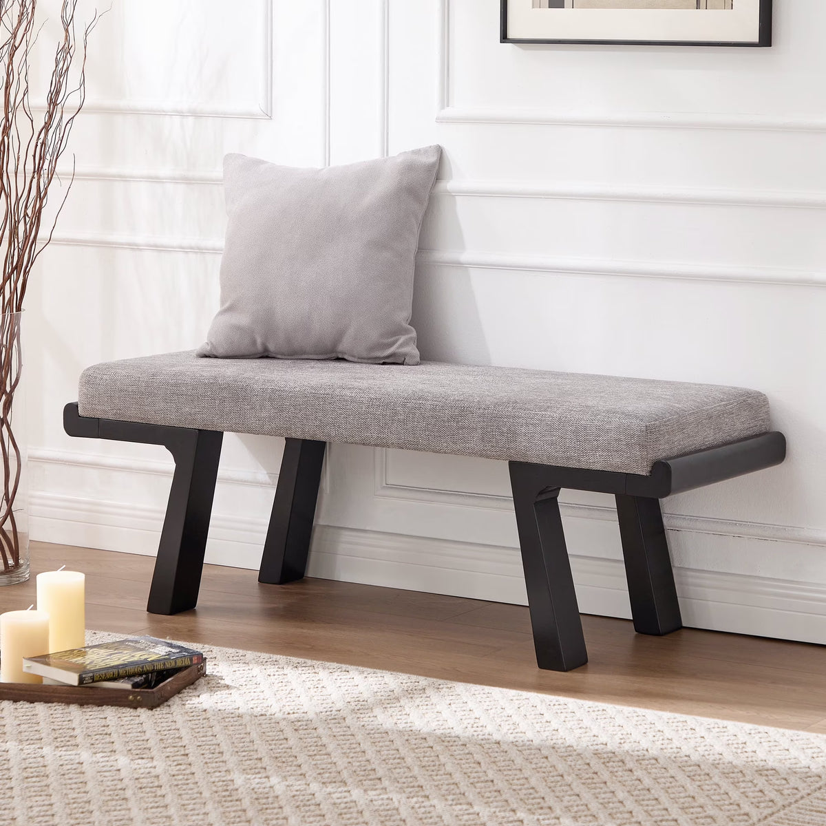 Zesthouse 47.4" Linen Upholstered Bench, Entryway Bench with Solid Wood Legs, Modern Ottoman Bench for Living Bedroom Room, Beige