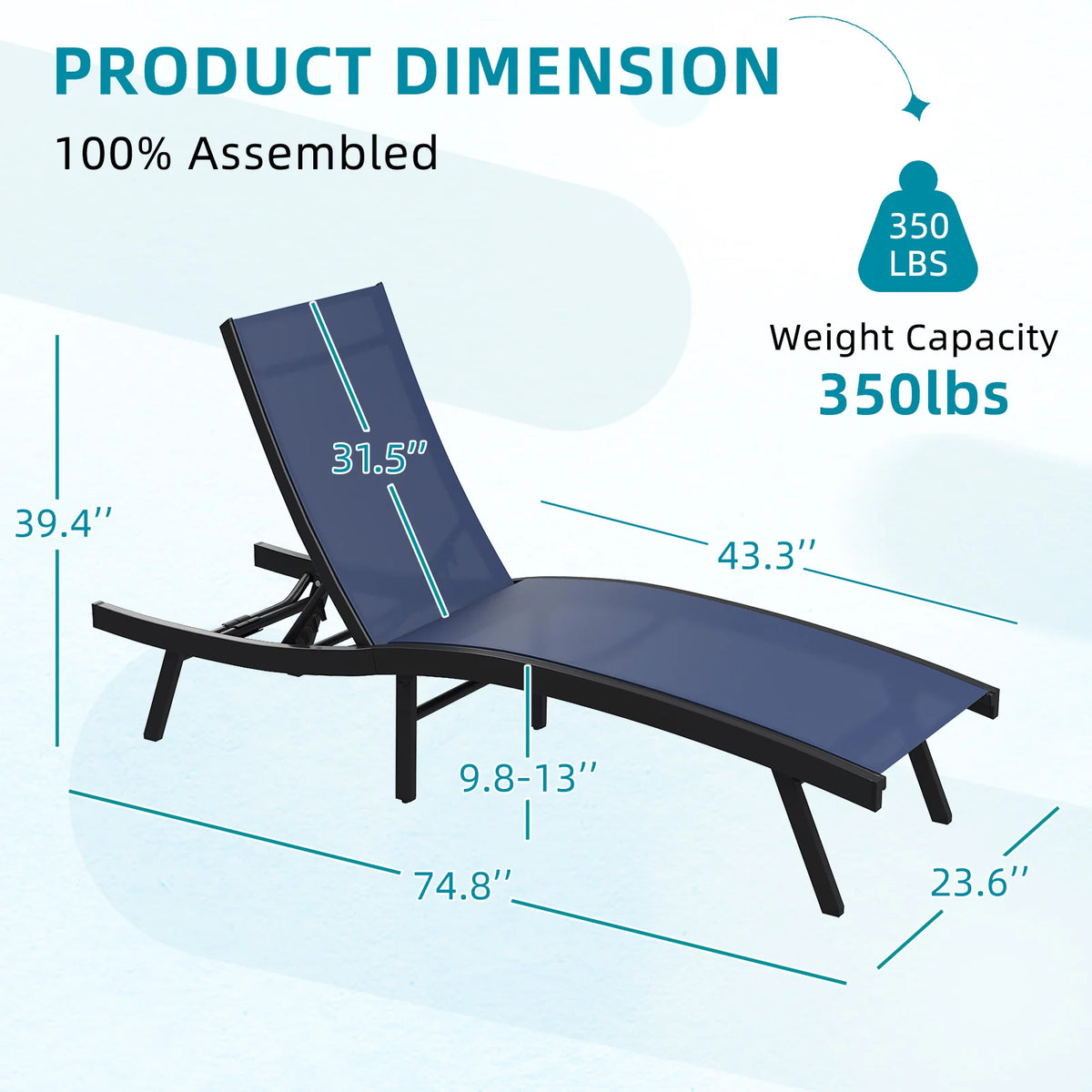 AECOJOY Outdoor Chaise Lounge, All Weather Pool Lounge Chairs Ergonomic Design (Navy, 2 PCs)