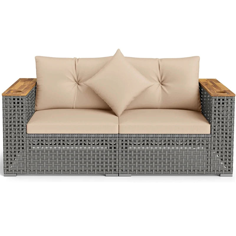 62.5" Patio Wicker Loveseat w/ Acacia Wood Armrests & Cup Holders, 2PCS Modular Rattan Corner Sectional Sofa w/ Cushions & Pillows for Backyard
